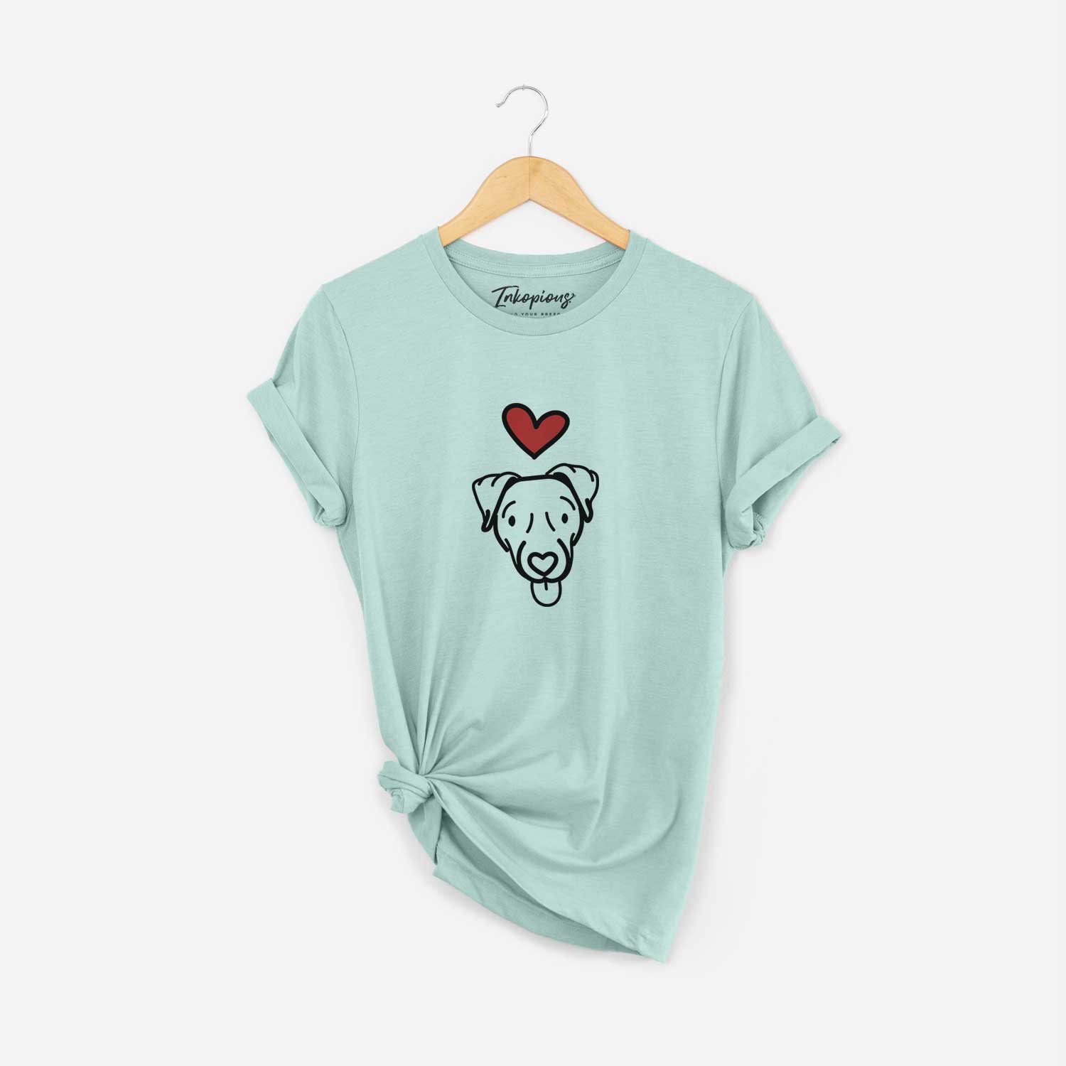 Minimalist line drawing of Cammy the Jack Russell Terrier with a red heart on a Heather Sage Unisex crewneck