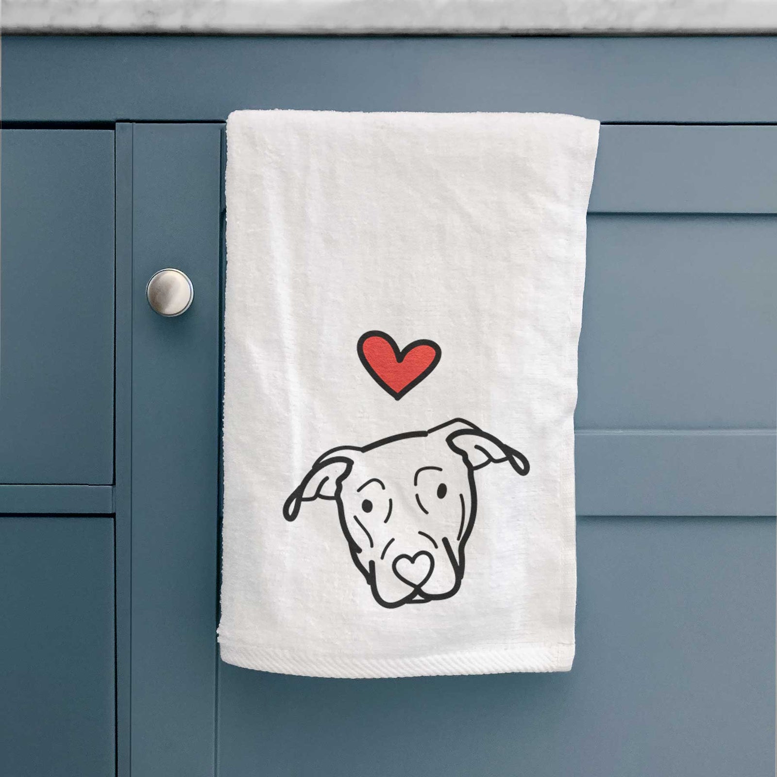 Minimalist line drawing of a Catahoula with a red heart on a decorative hand towel