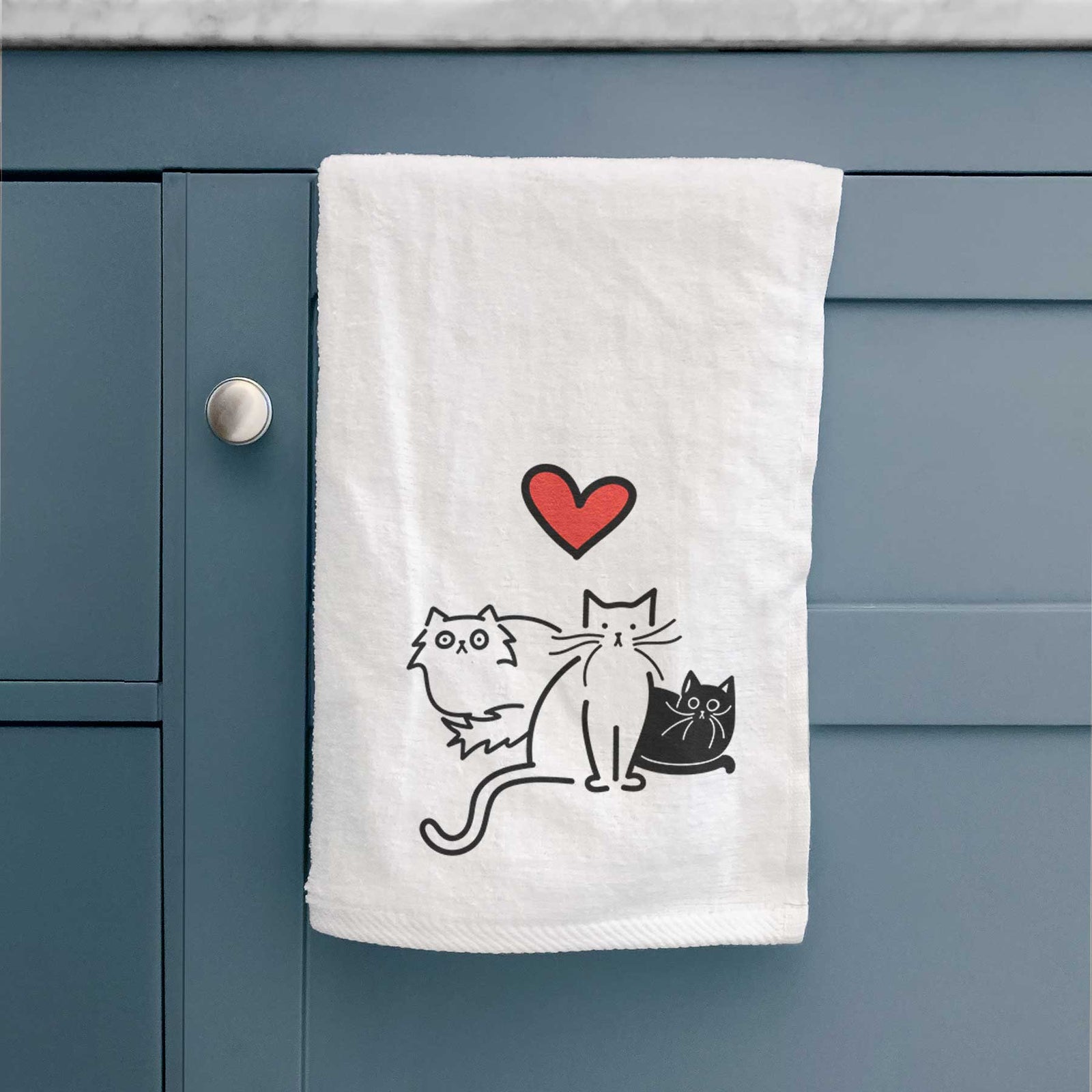 Minimalist line drawing of Cats - Cats with a red heart on a decorative hand towel