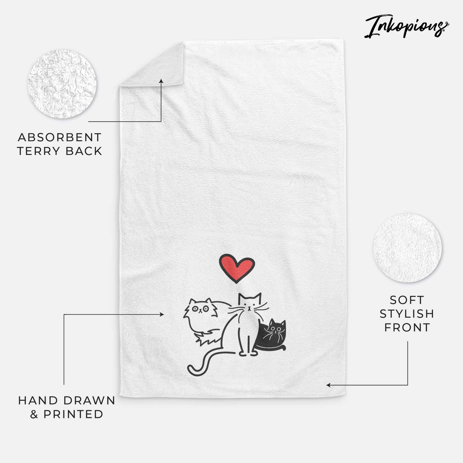 Minimalist line drawing of Cats - Cats with a red heart on a decorative hand towel