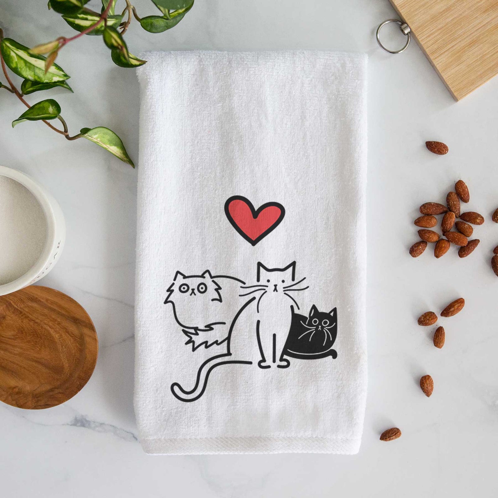 Minimalist line drawing of Cats - Cats with a red heart on a decorative hand towel