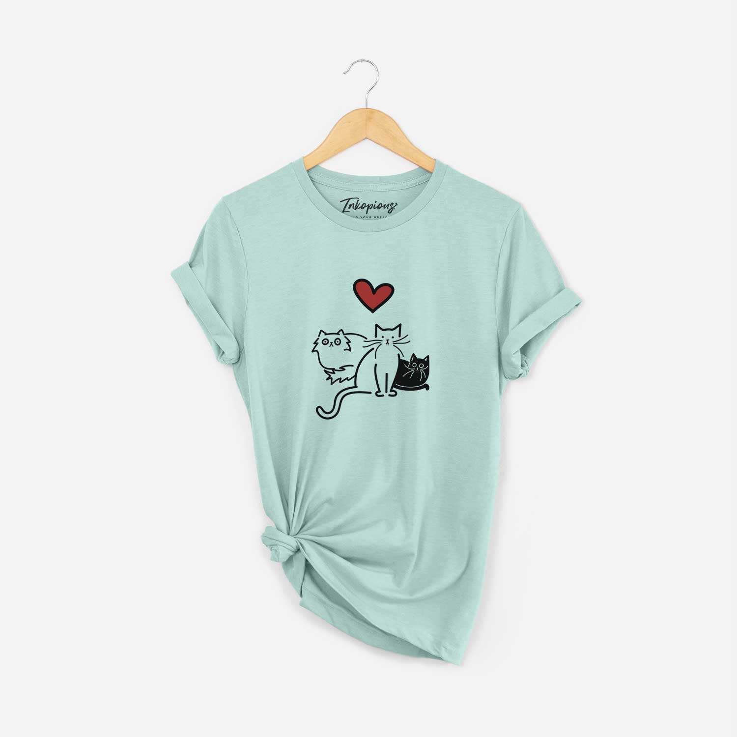 Minimalist line drawing of Cats - Cats with a red heart on a Heather Sage Unisex crewneck
