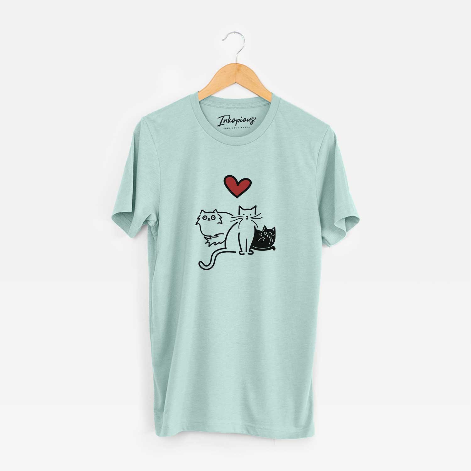 Minimalist line drawing of Cats - Cats with a red heart on a Heather Sage Unisex crewneck