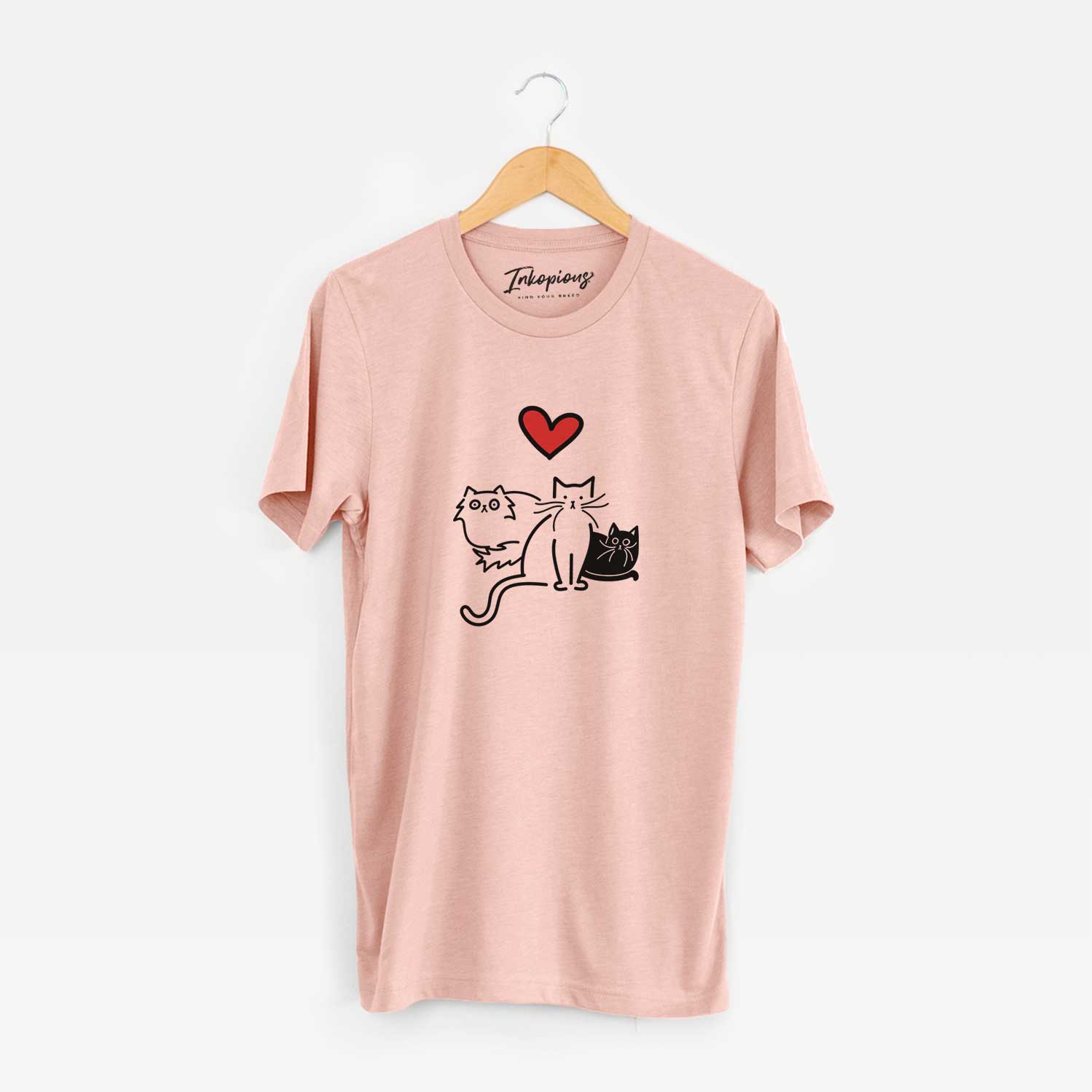 Minimalist line drawing of Cats - Cats with a red heart on a Peach Unisex crewneck