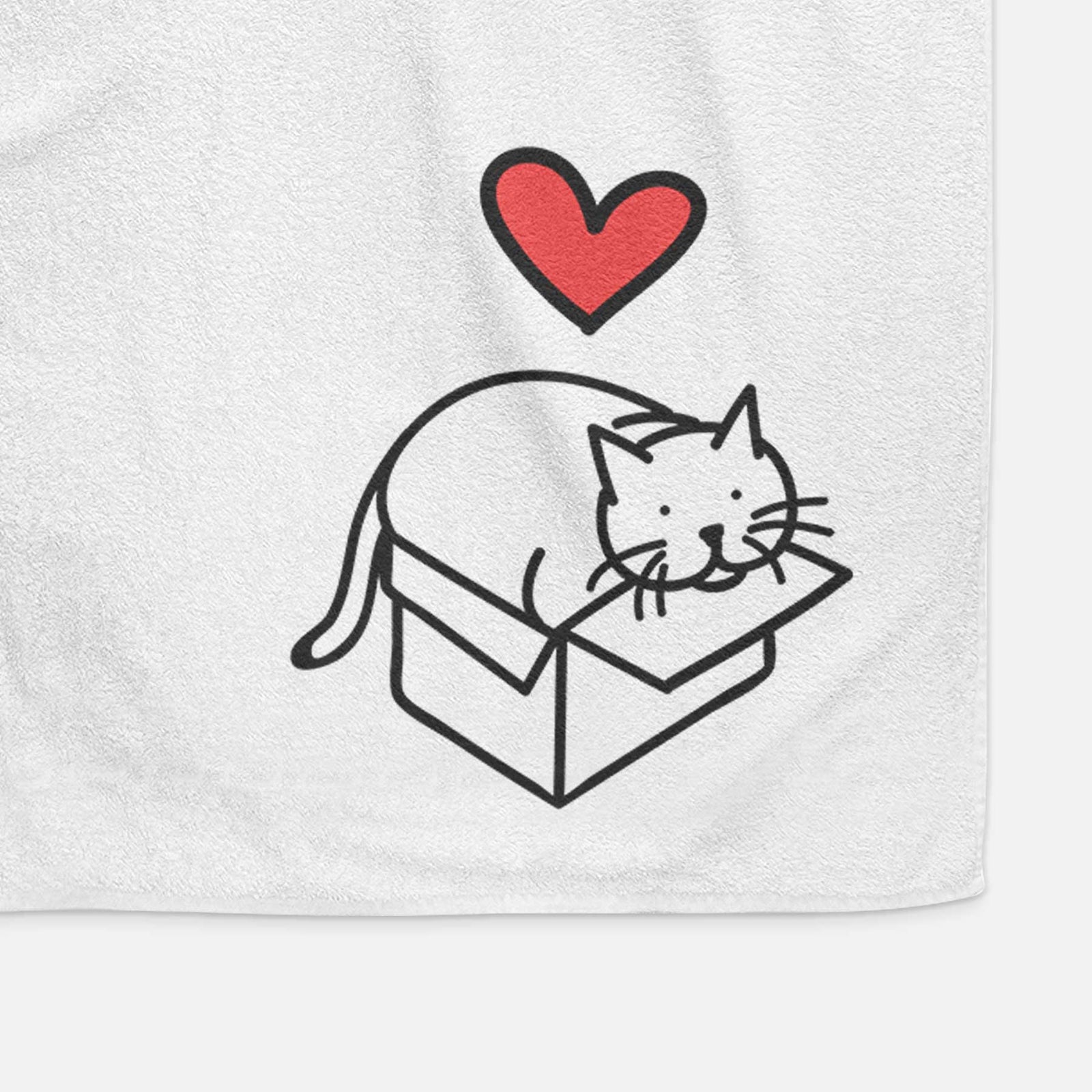 Minimalist line drawing of Charlie the Cat in a Box with a red heart on a decorative hand towel