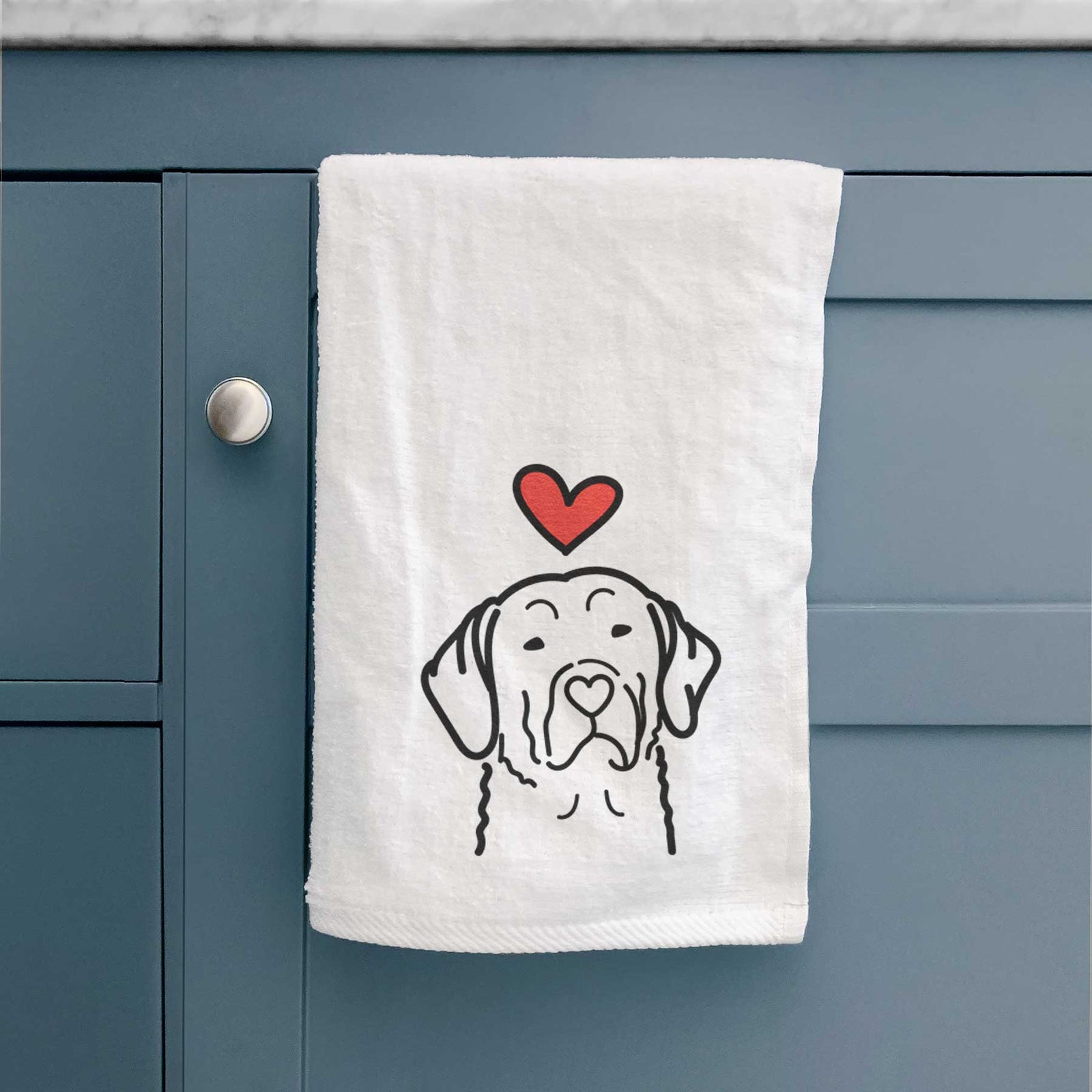 Minimalist line drawing of a Chesapeake Bay Retriever with a red heart on a decorative hand towel