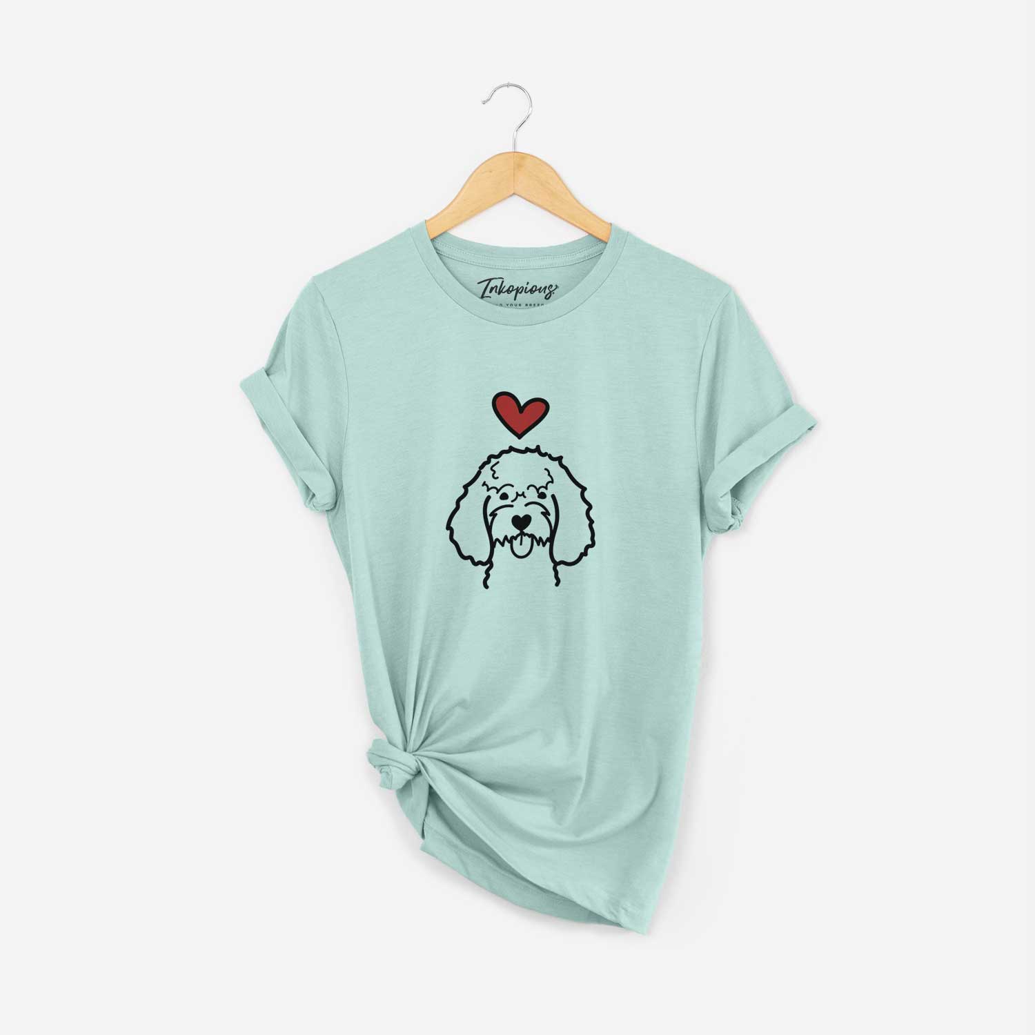 Minimalist line drawing of a Cockapoo with a red heart on a Heather Sage Unisex crewneck