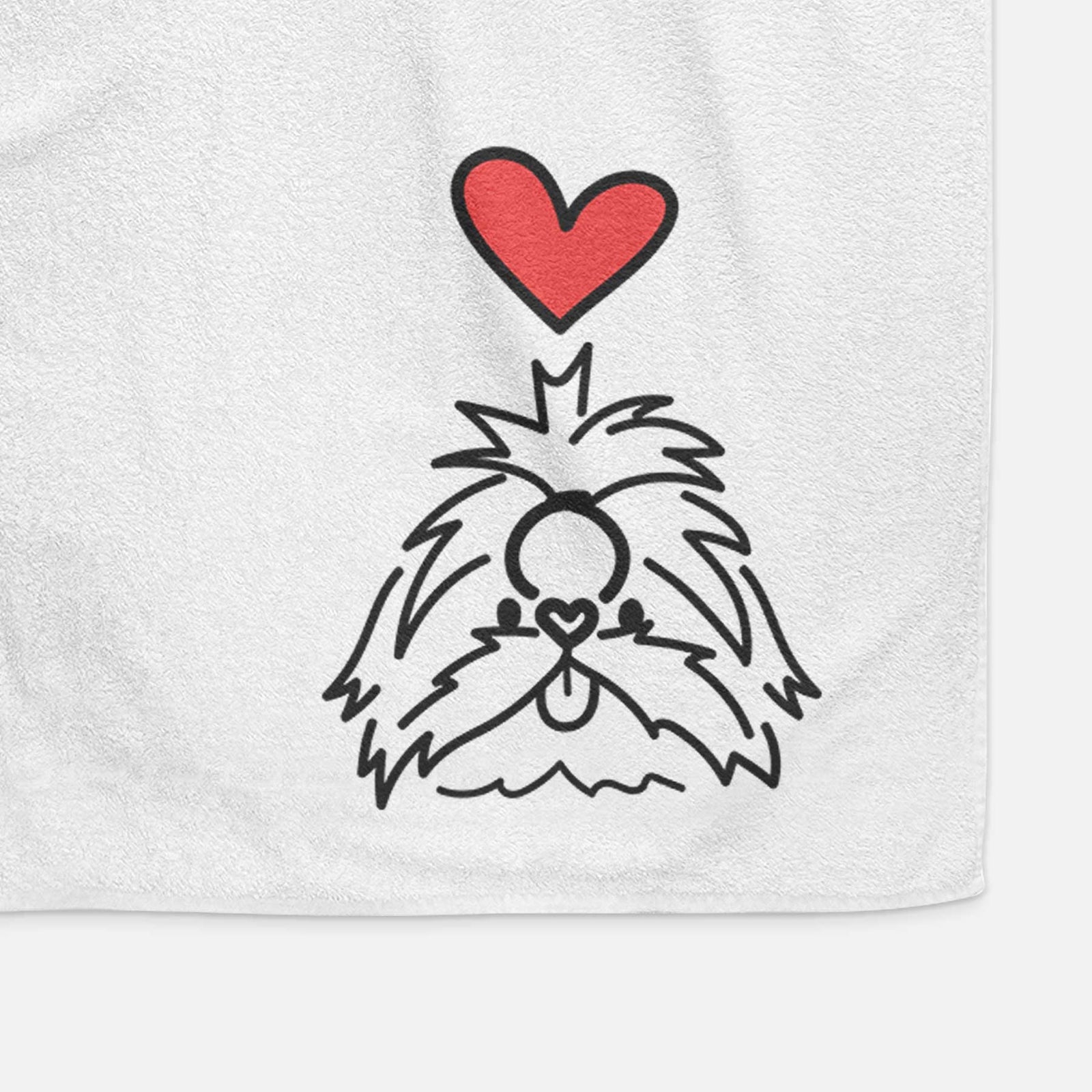 Minimalist line drawing of CoCo the Shih Tzu with a red heart on a decorative hand towel
