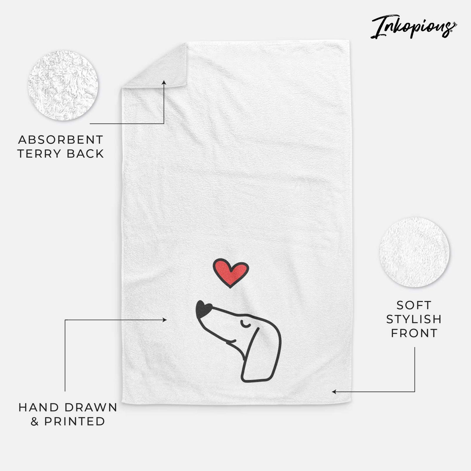 Minimalist line drawing of a Dachshund with a red heart on a decorative hand towel