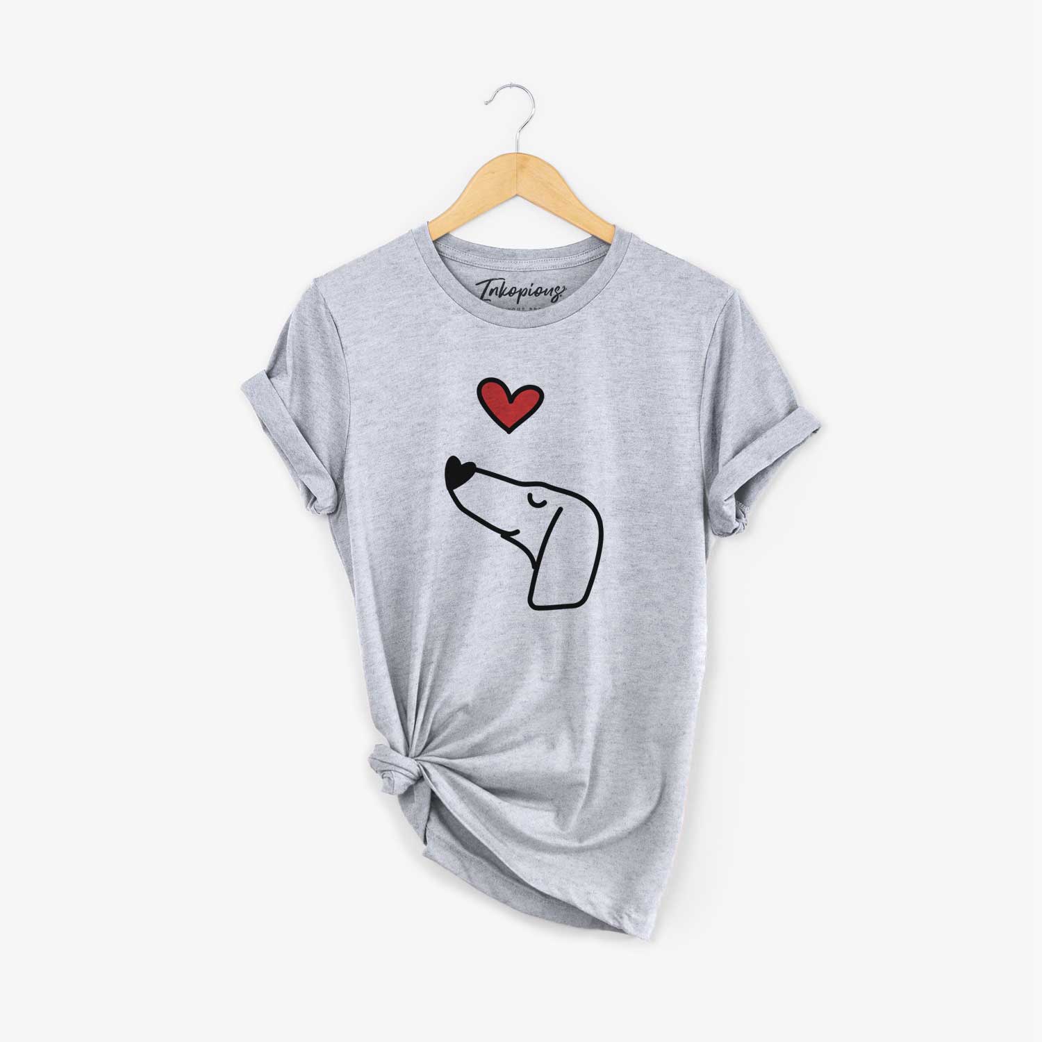 Minimalist line drawing of a Dachshund with a red heart on a Grey Unisex crewneck