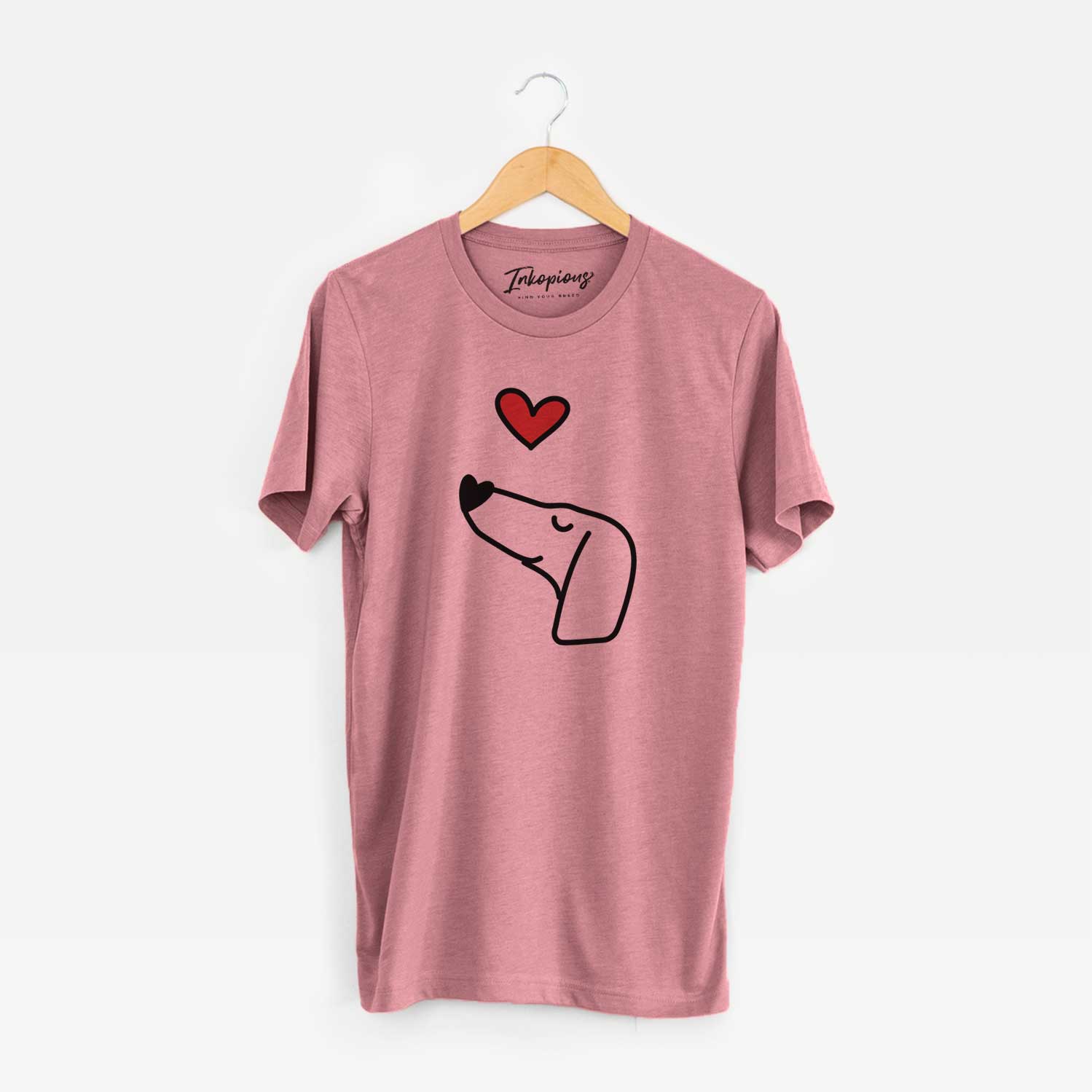 Minimalist line drawing of a Dachshund with a red heart on a Mauve Unisex crewneck