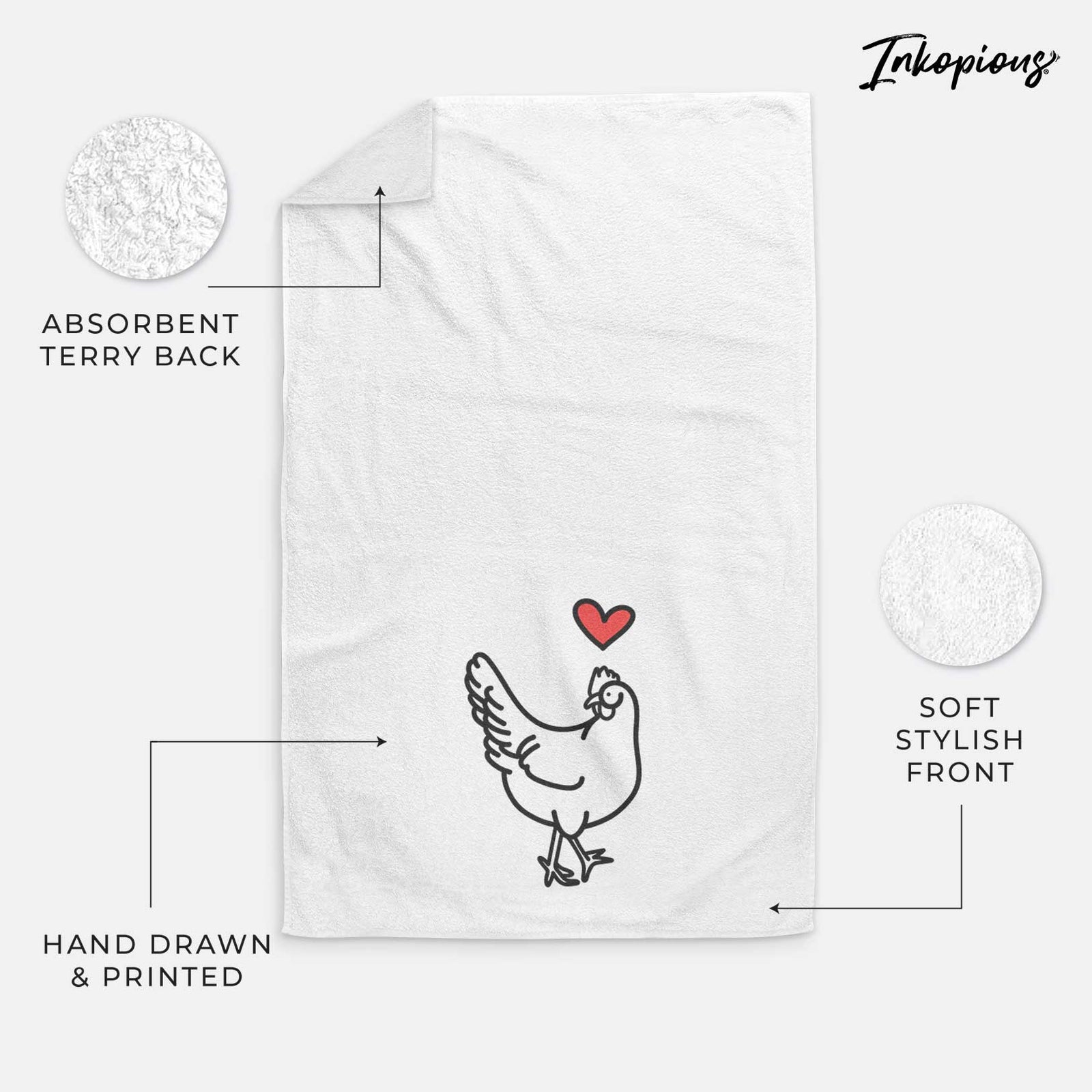 Minimalist line drawing of Daisy the Chicken with a red heart on a decorative hand towel
