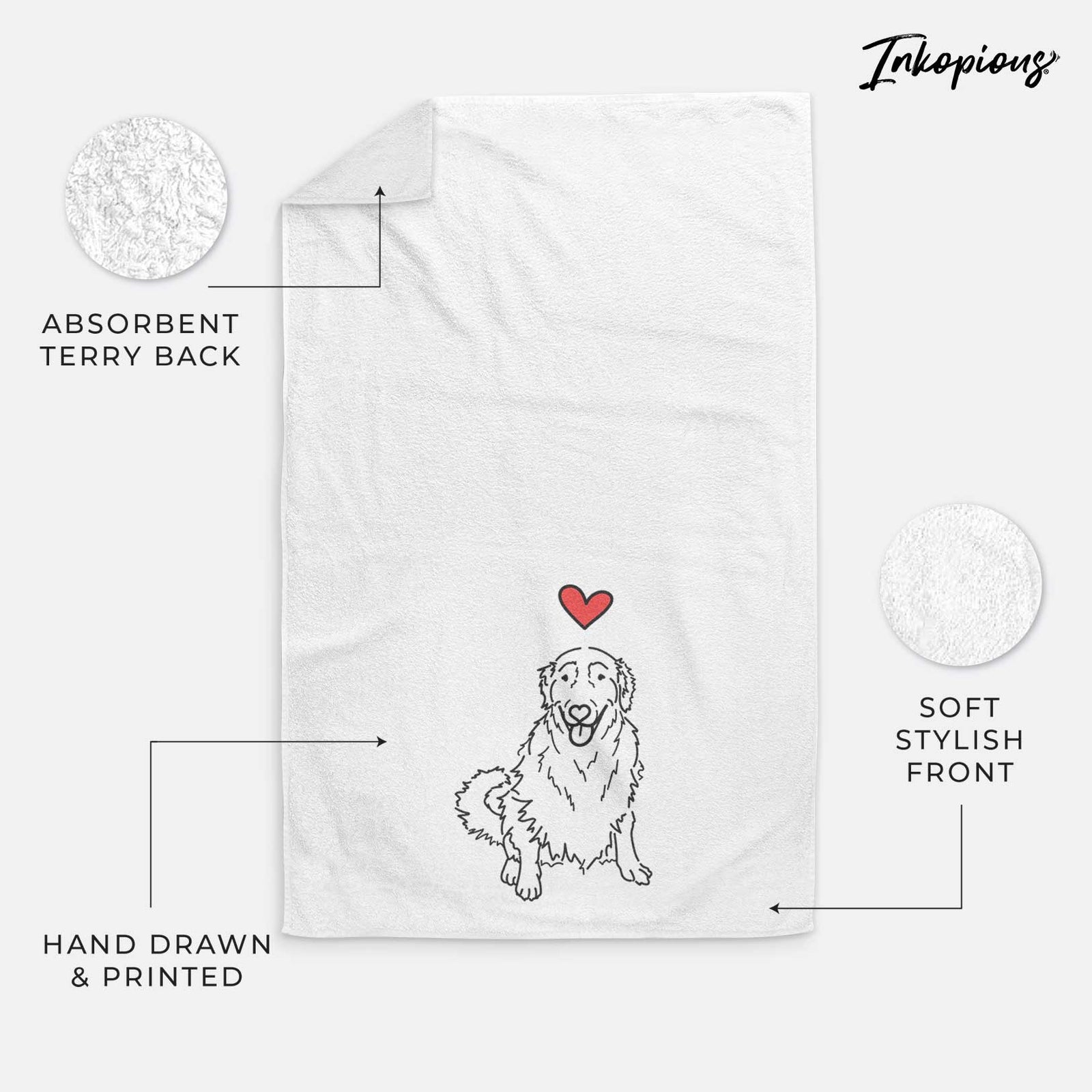 Minimalist line drawing of Daisy the Golden Retriever with a red heart on a decorative hand towel