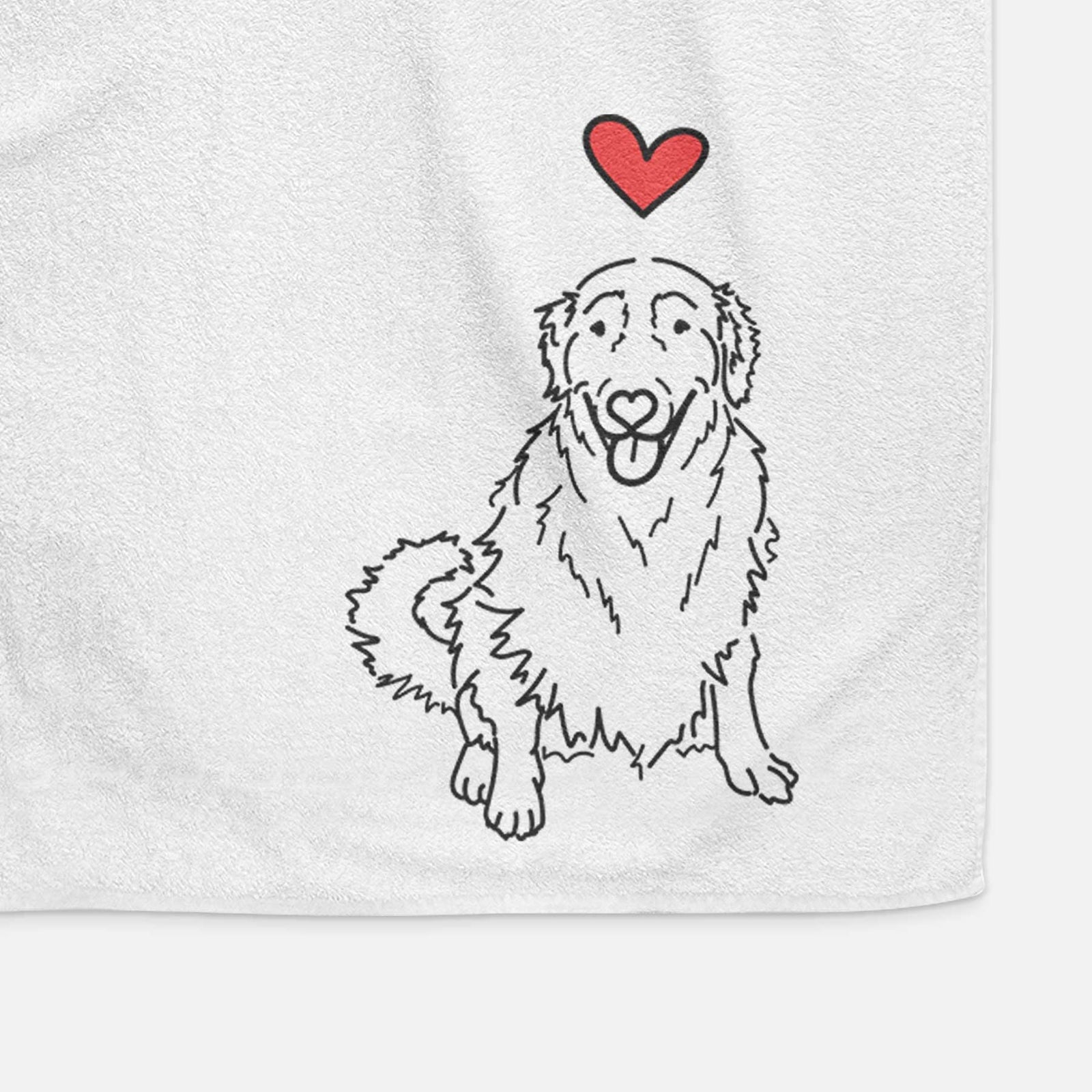 Minimalist line drawing of Daisy the Golden Retriever with a red heart on a decorative hand towel