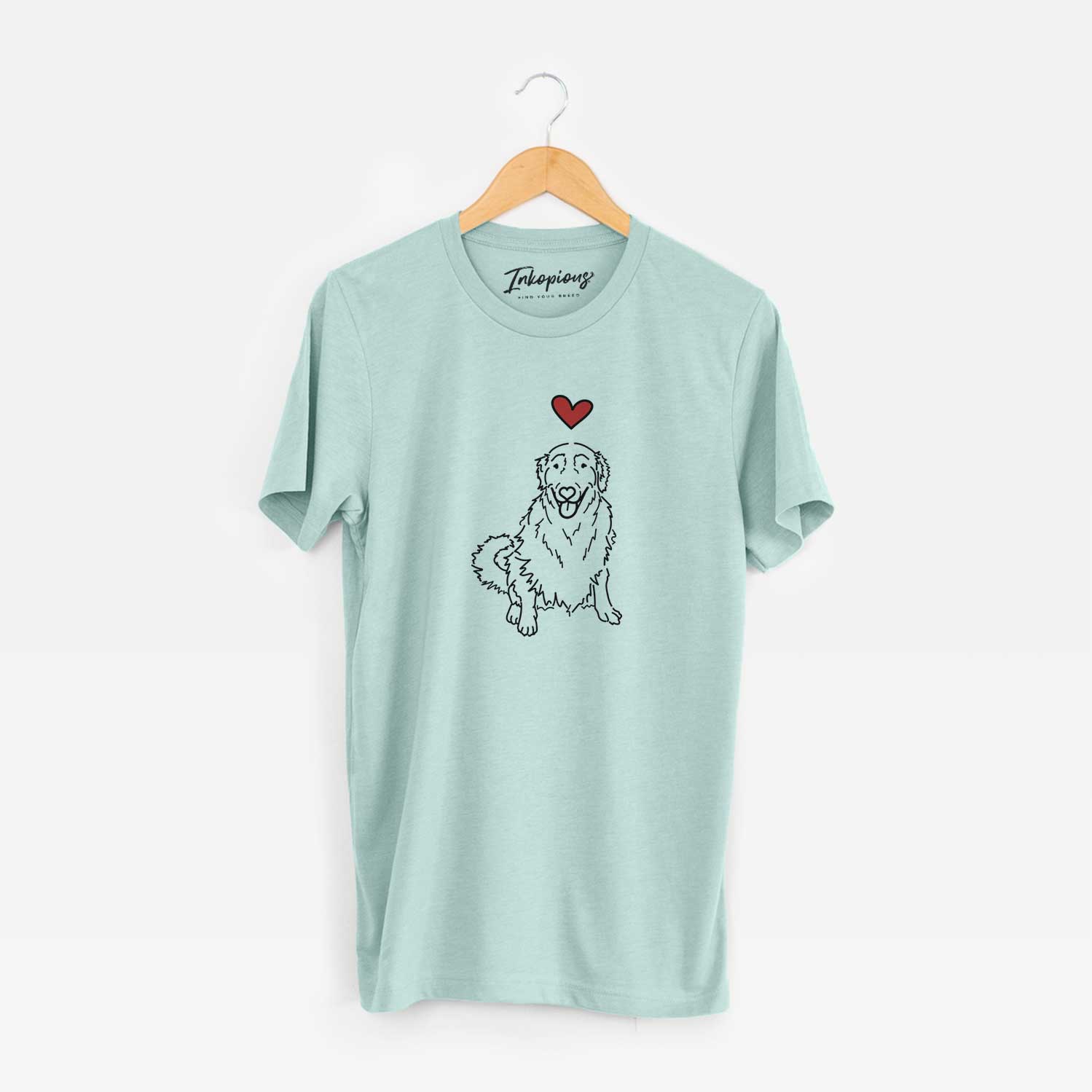 Minimalist line drawing of Daisy the Golden Retriever with a red heart on a Heather Sage Unisex crewneck