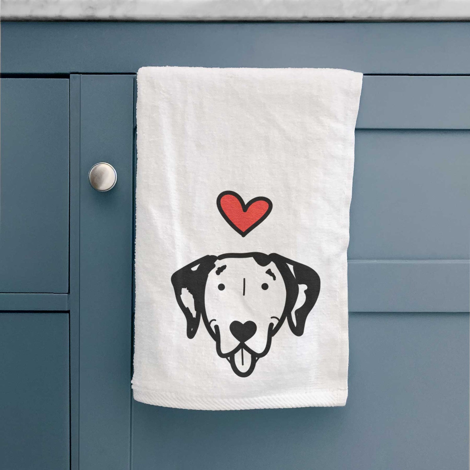 Minimalist line drawing of a Dalmatian with a red heart on a decorative hand towel