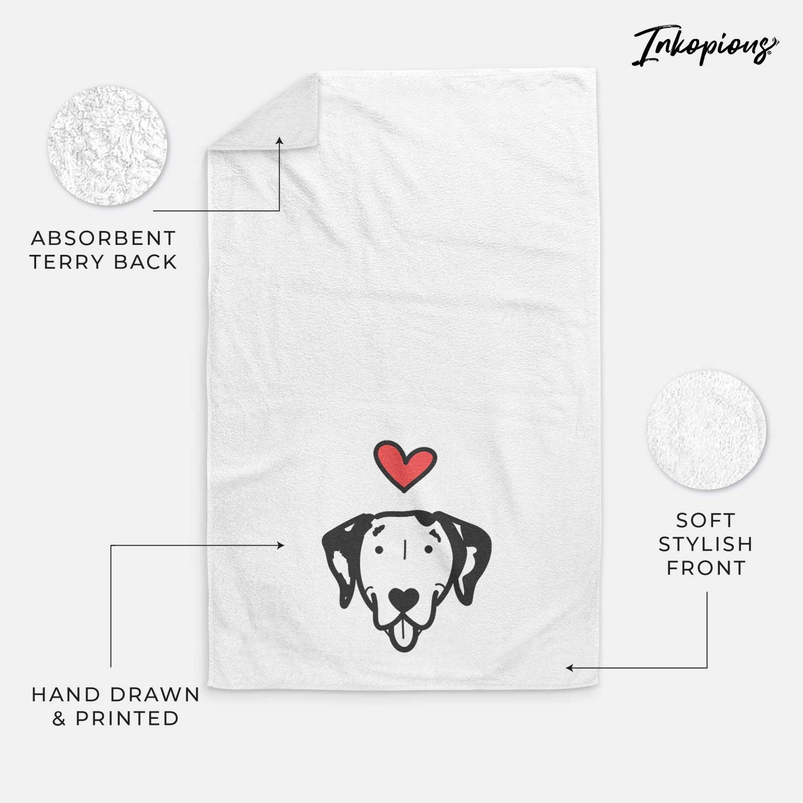 Minimalist line drawing of a Dalmatian with a red heart on a decorative hand towel