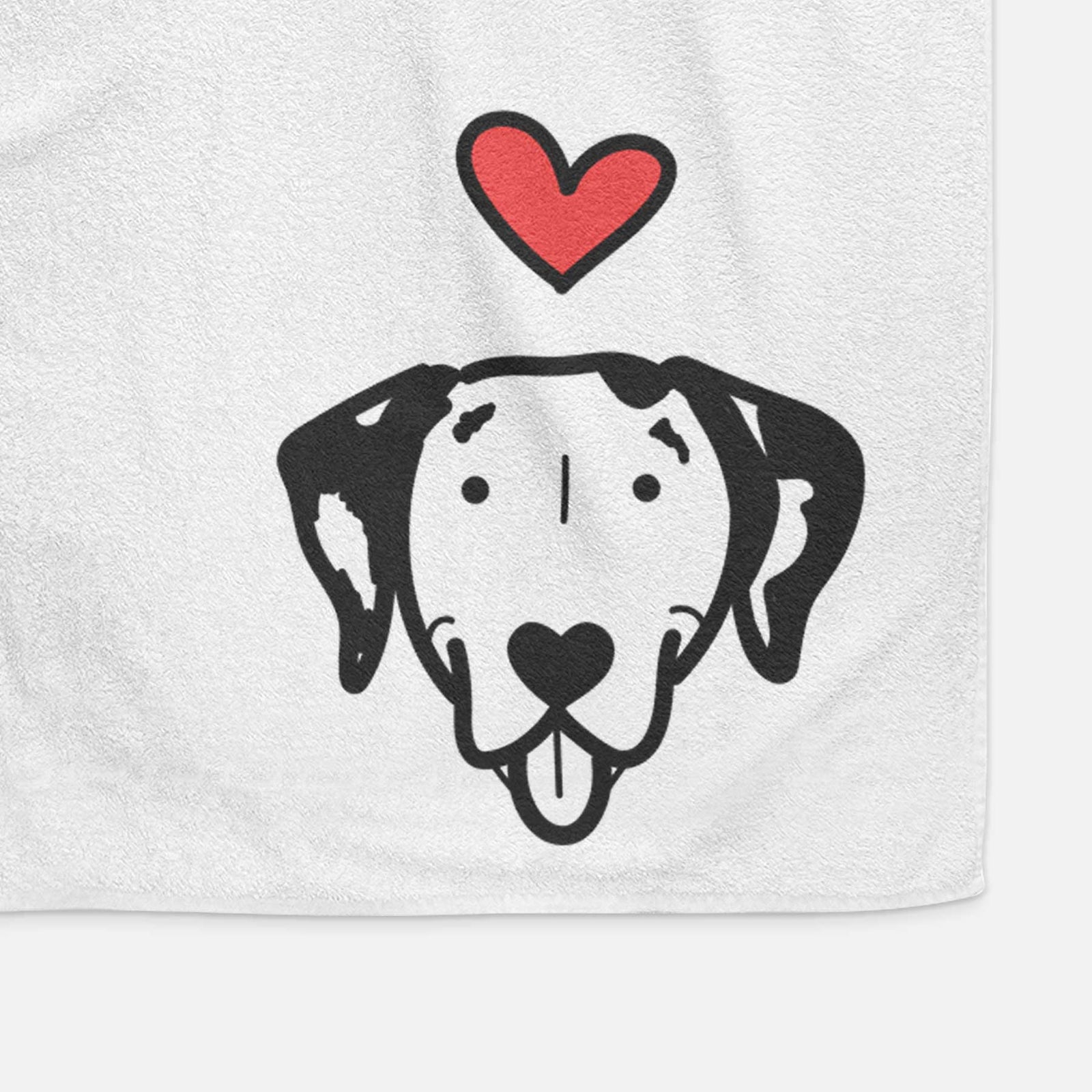 Minimalist line drawing of a Dalmatian with a red heart on a decorative hand towel