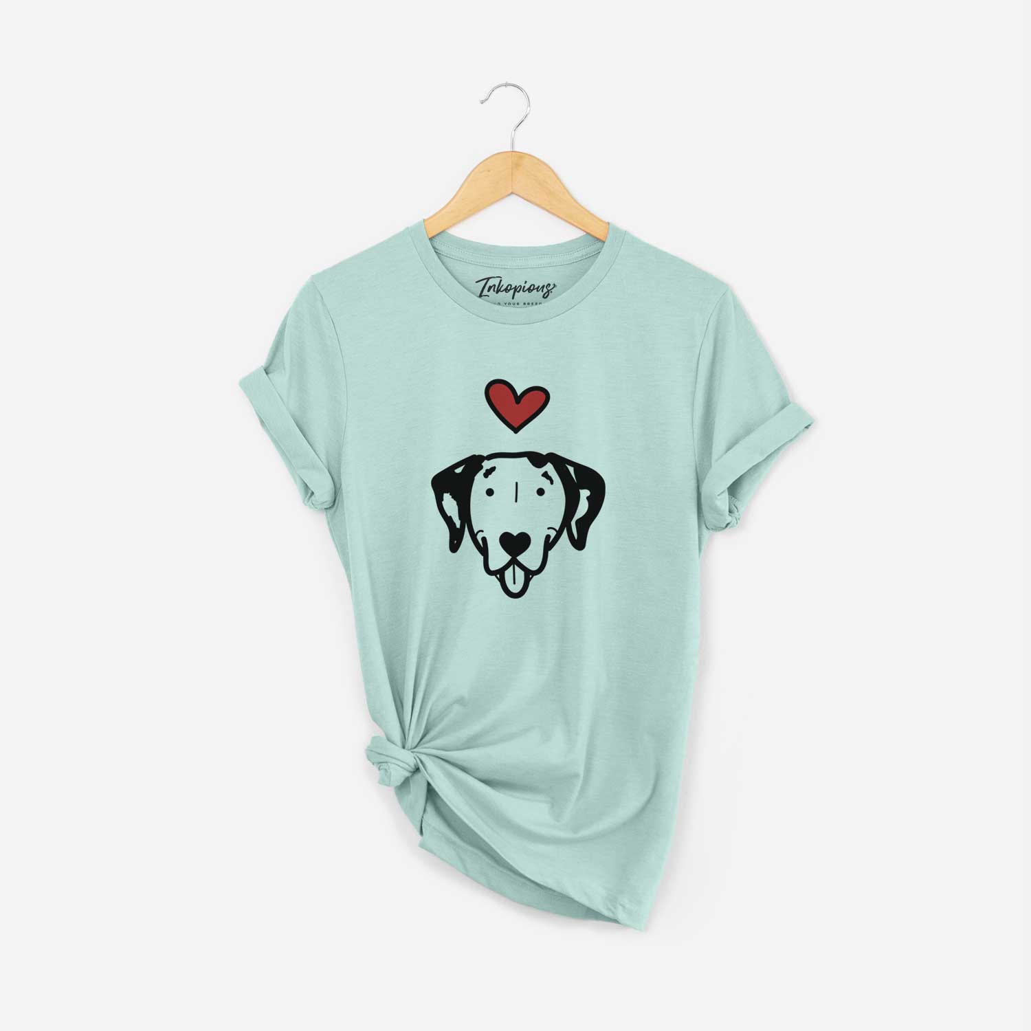 Minimalist line drawing of a Dalmatian with a red heart on a Heather Sage Unisex crewneck