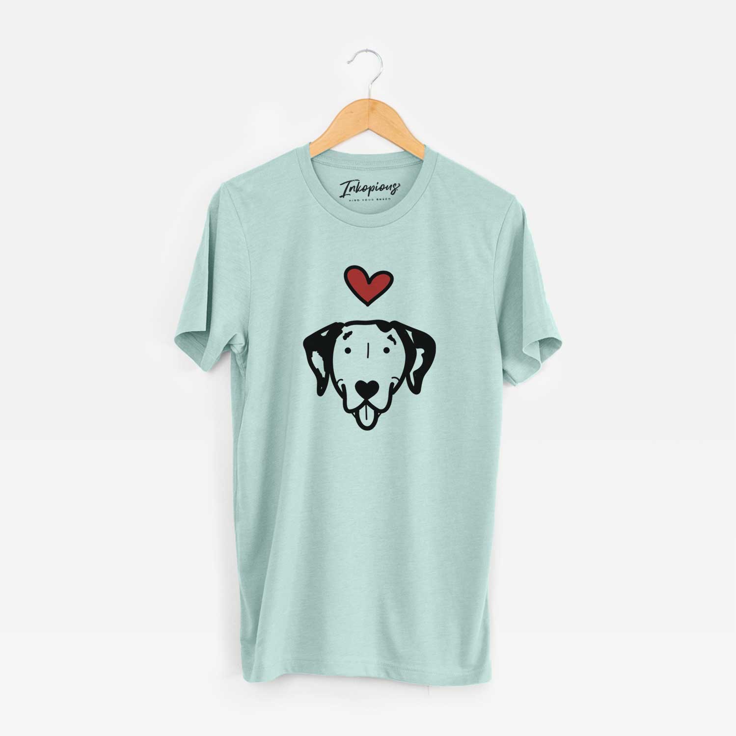 Minimalist line drawing of a Dalmatian with a red heart on a Heather Sage Unisex crewneck