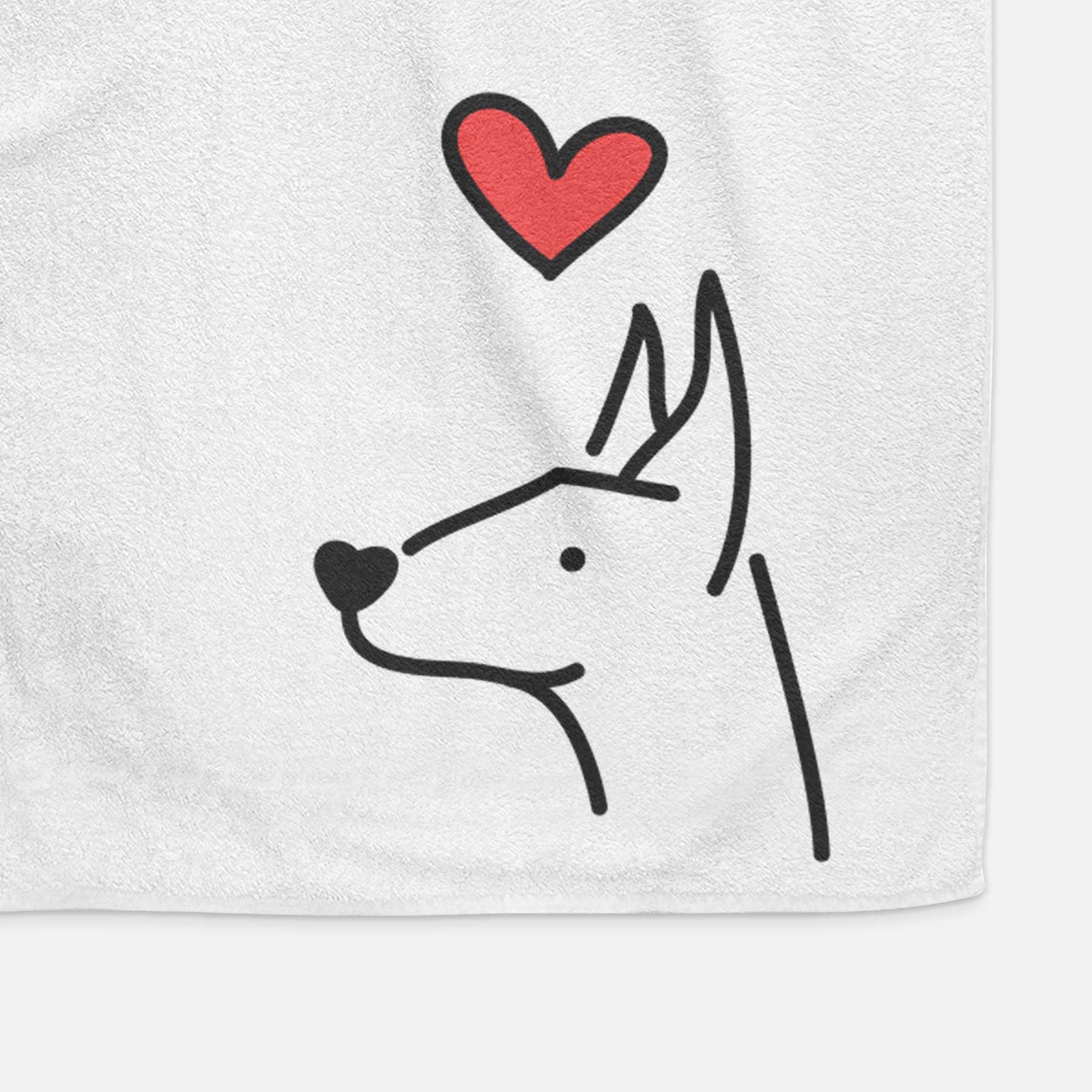 Minimalist line drawing of a Doberman Pinscher with a red heart on a decorative hand towel