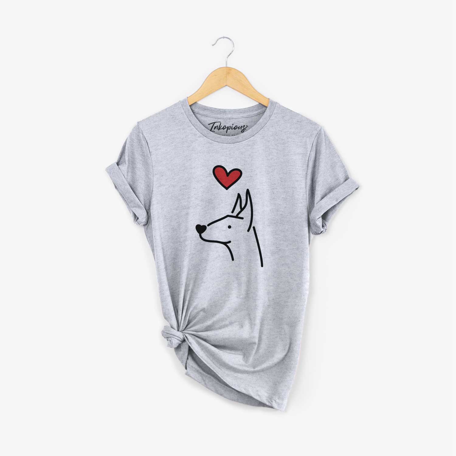 Minimalist line drawing of a Doberman Pinscher with a red heart on a Grey Unisex crewneck