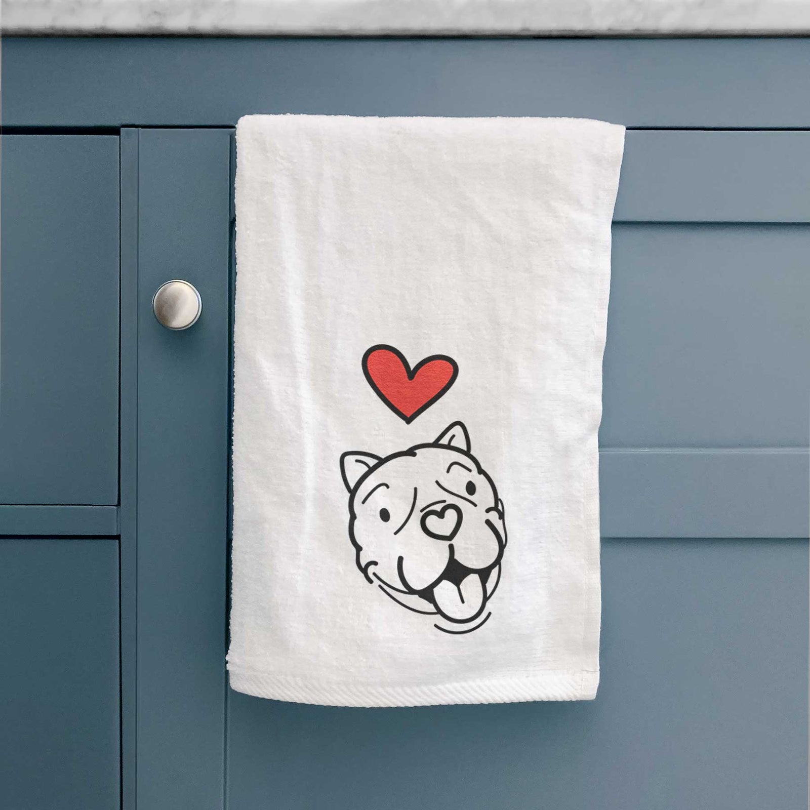 Minimalist line drawing of Draco the American Bulldog with a red heart on a decorative hand towel