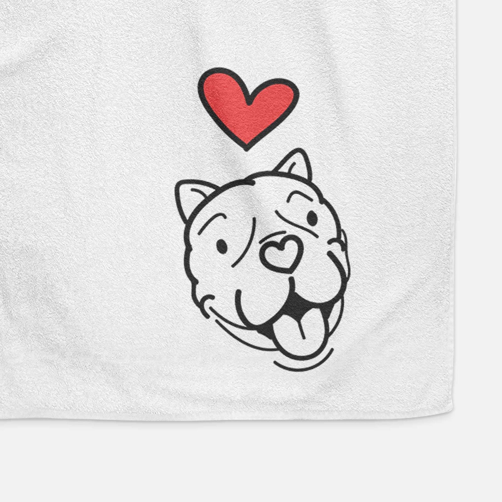 Minimalist line drawing of Draco the American Bulldog with a red heart on a decorative hand towel