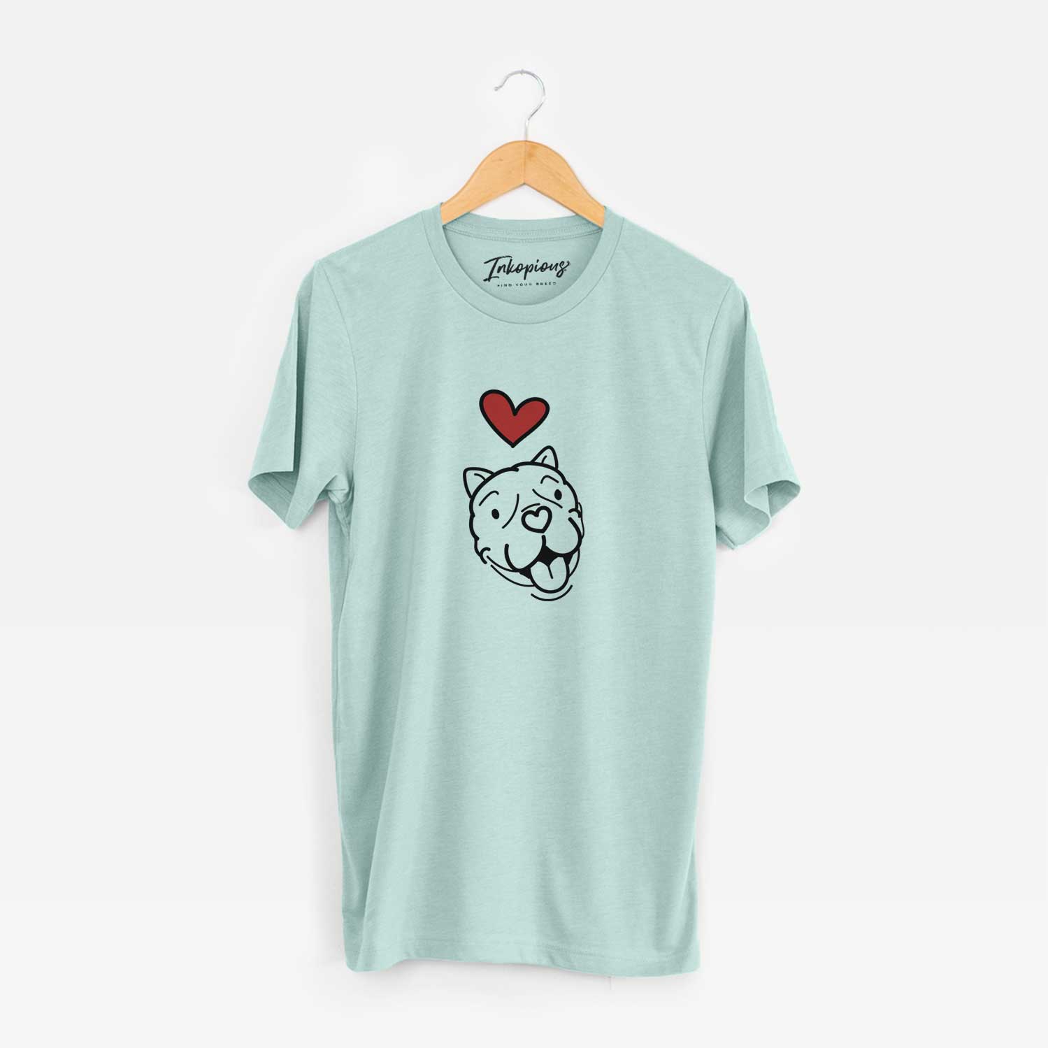 Minimalist line drawing of Draco the American Bulldog with a red heart on a Heather Sage Unisex crewneck