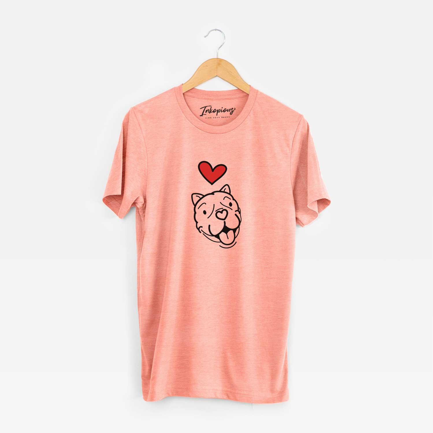 Minimalist line drawing of Draco the American Bulldog with a red heart on a Sunset Unisex crewneck