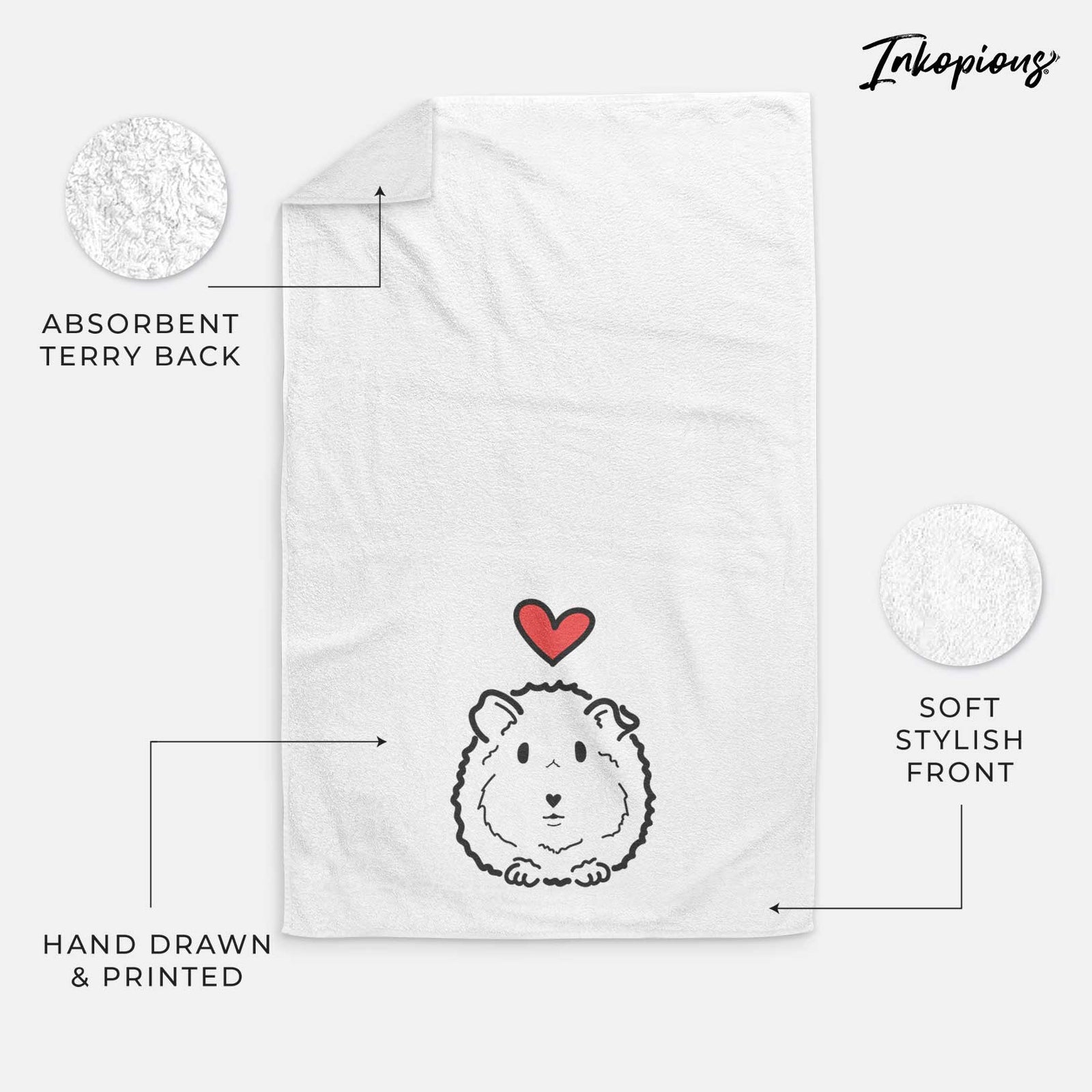Minimalist line drawing of Duke the Guinea Pig with a red heart on a decorative hand towel