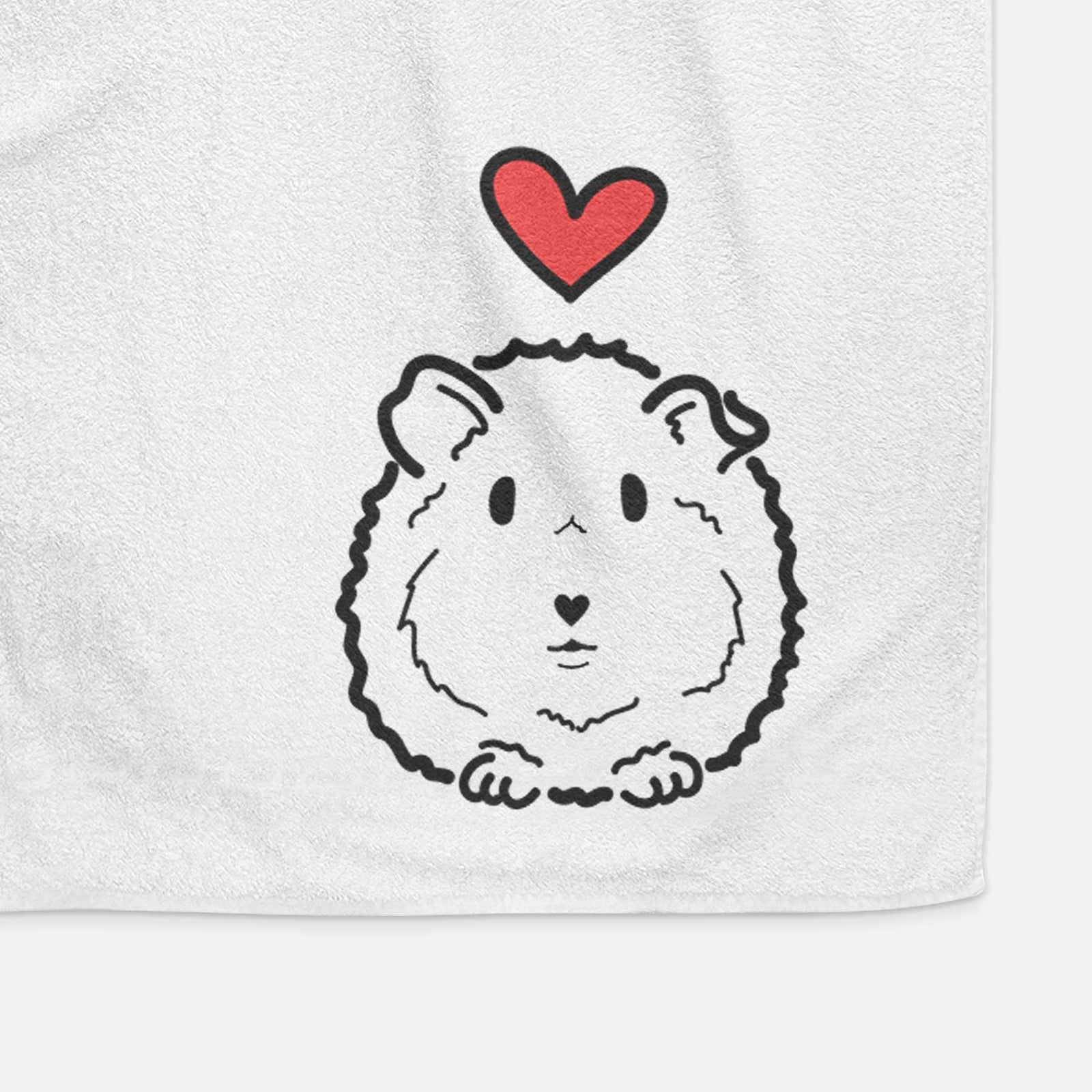 Minimalist line drawing of Duke the Guinea Pig with a red heart on a decorative hand towel
