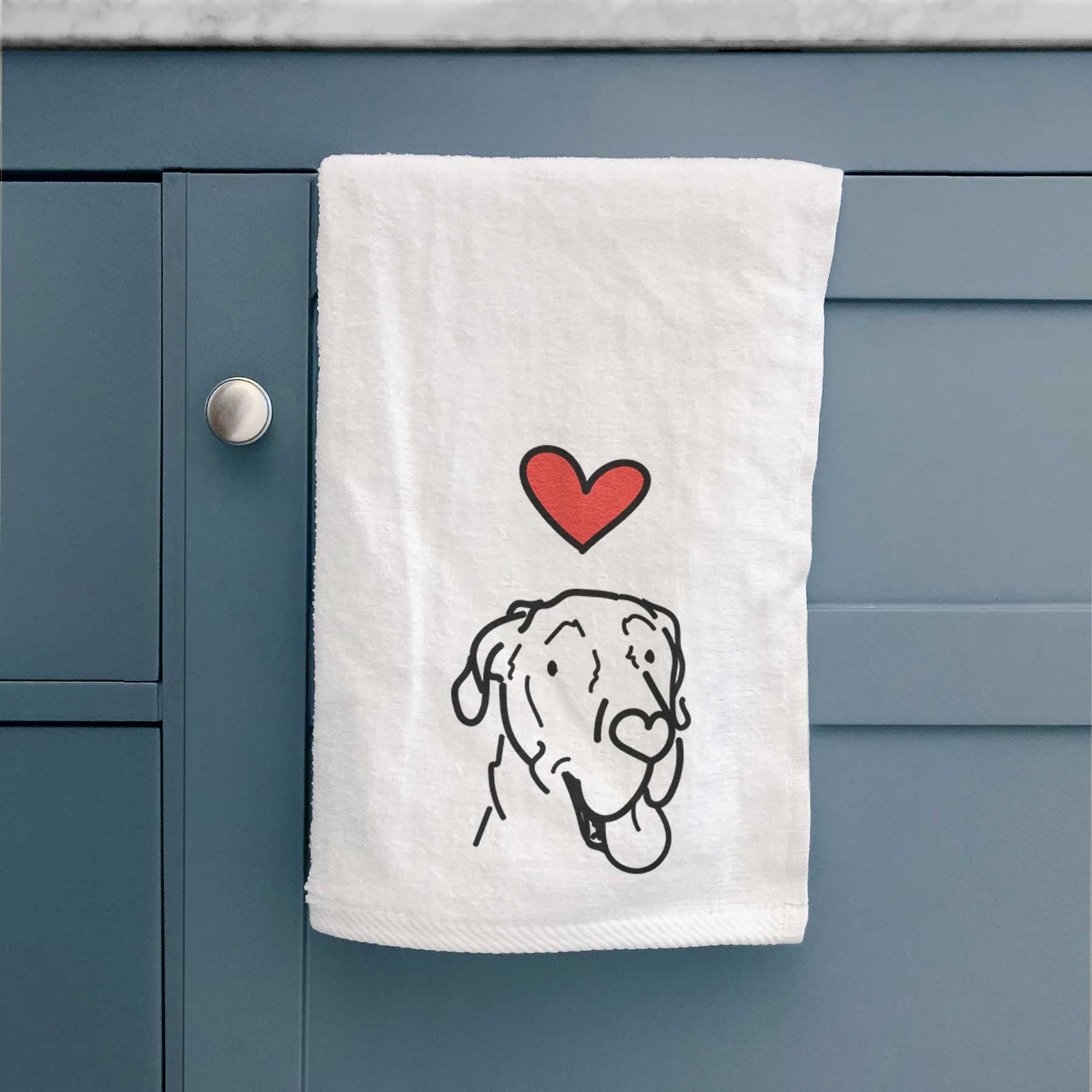 Minimalist line drawing of Duncan the Great Dane with a red heart on a decorative hand towel