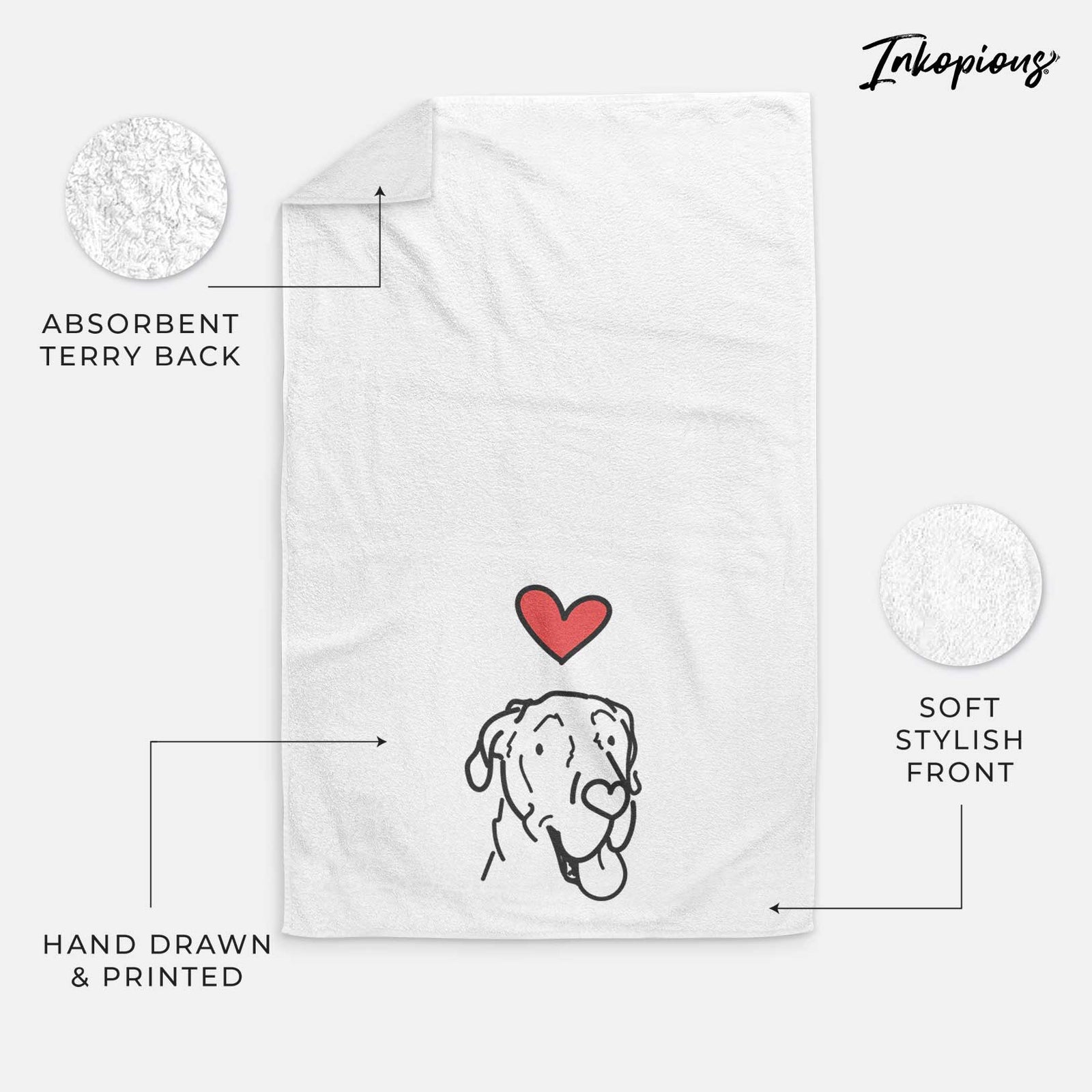 Minimalist line drawing of Duncan the Great Dane with a red heart on a decorative hand towel