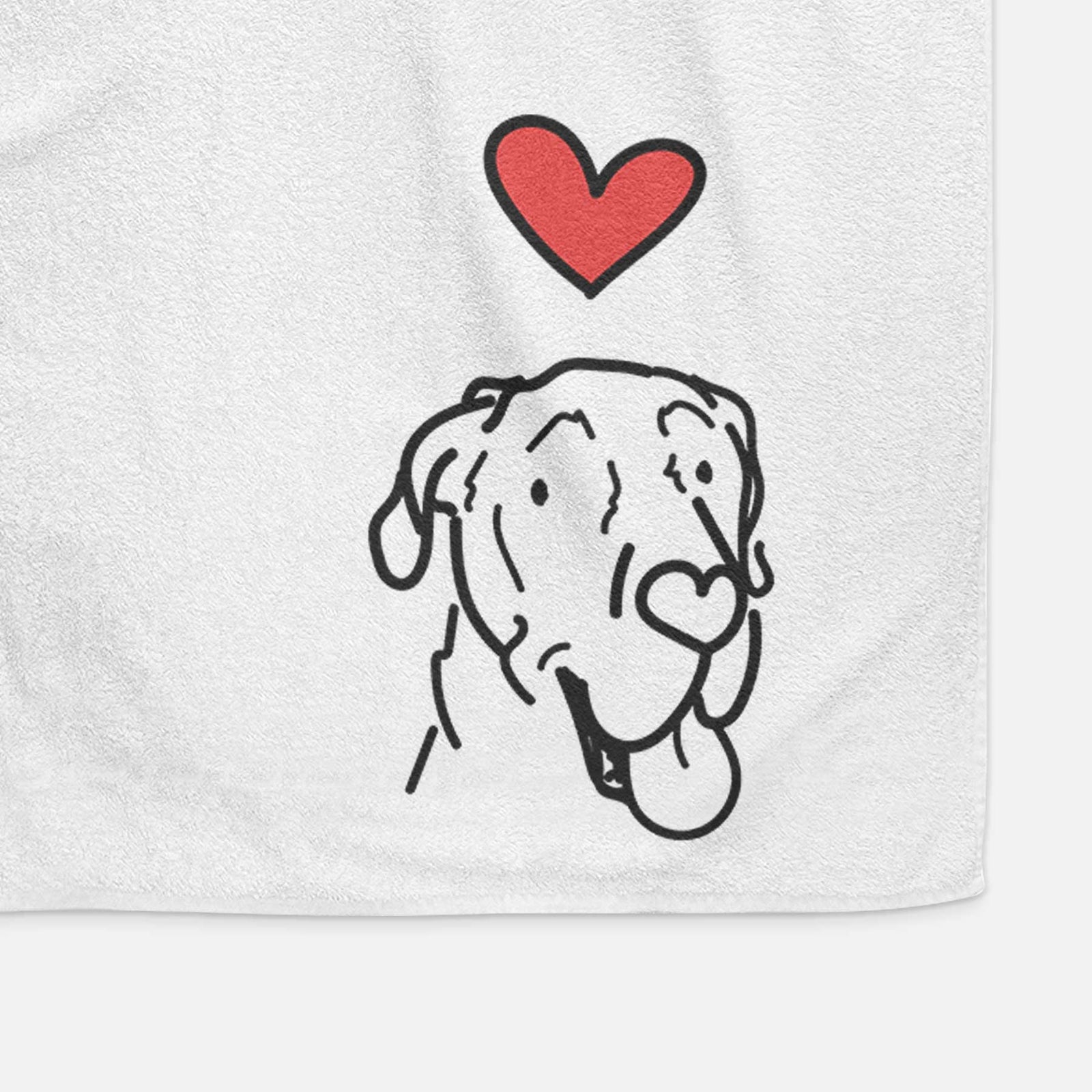 Minimalist line drawing of Duncan the Great Dane with a red heart on a decorative hand towel
