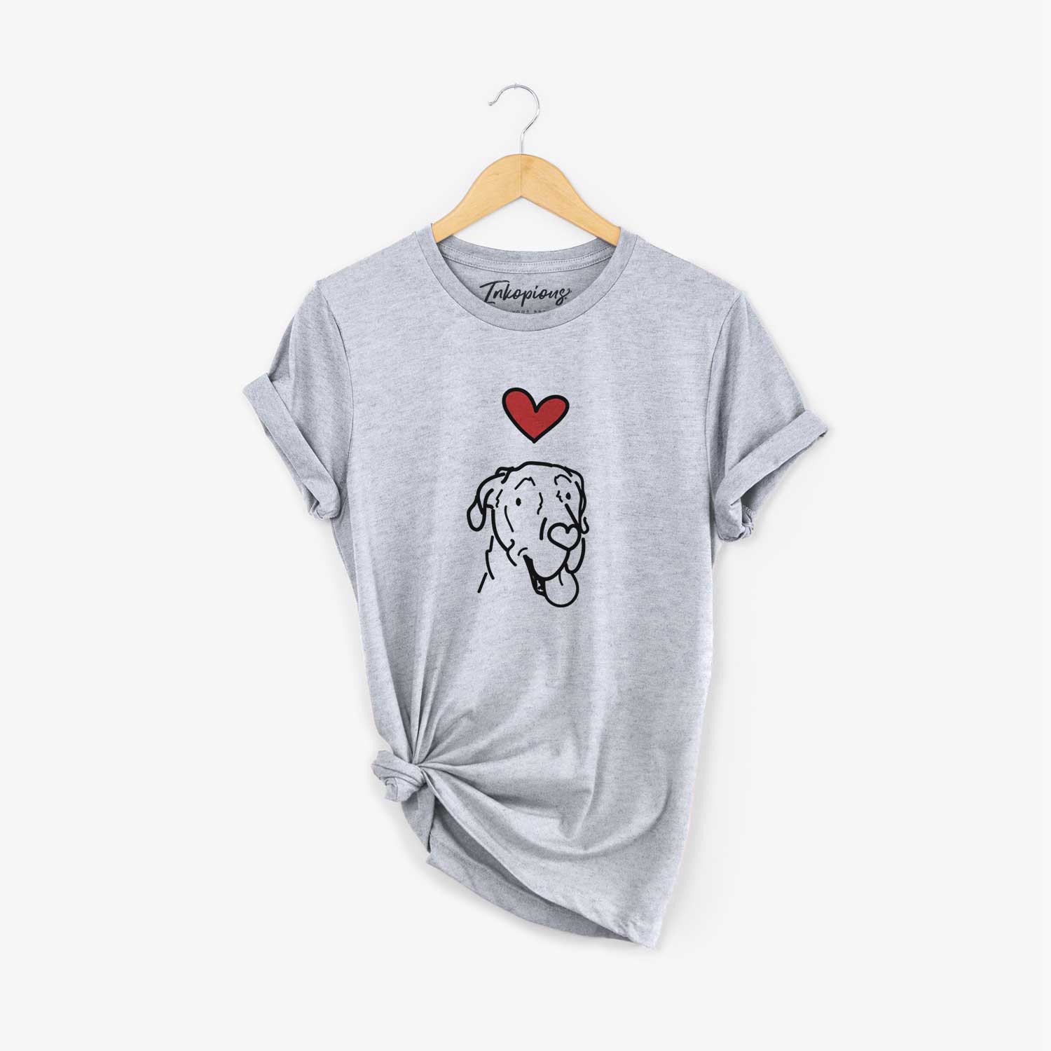 Minimalist line drawing of Duncan the Great Dane with a red heart on a Grey Unisex crewneck