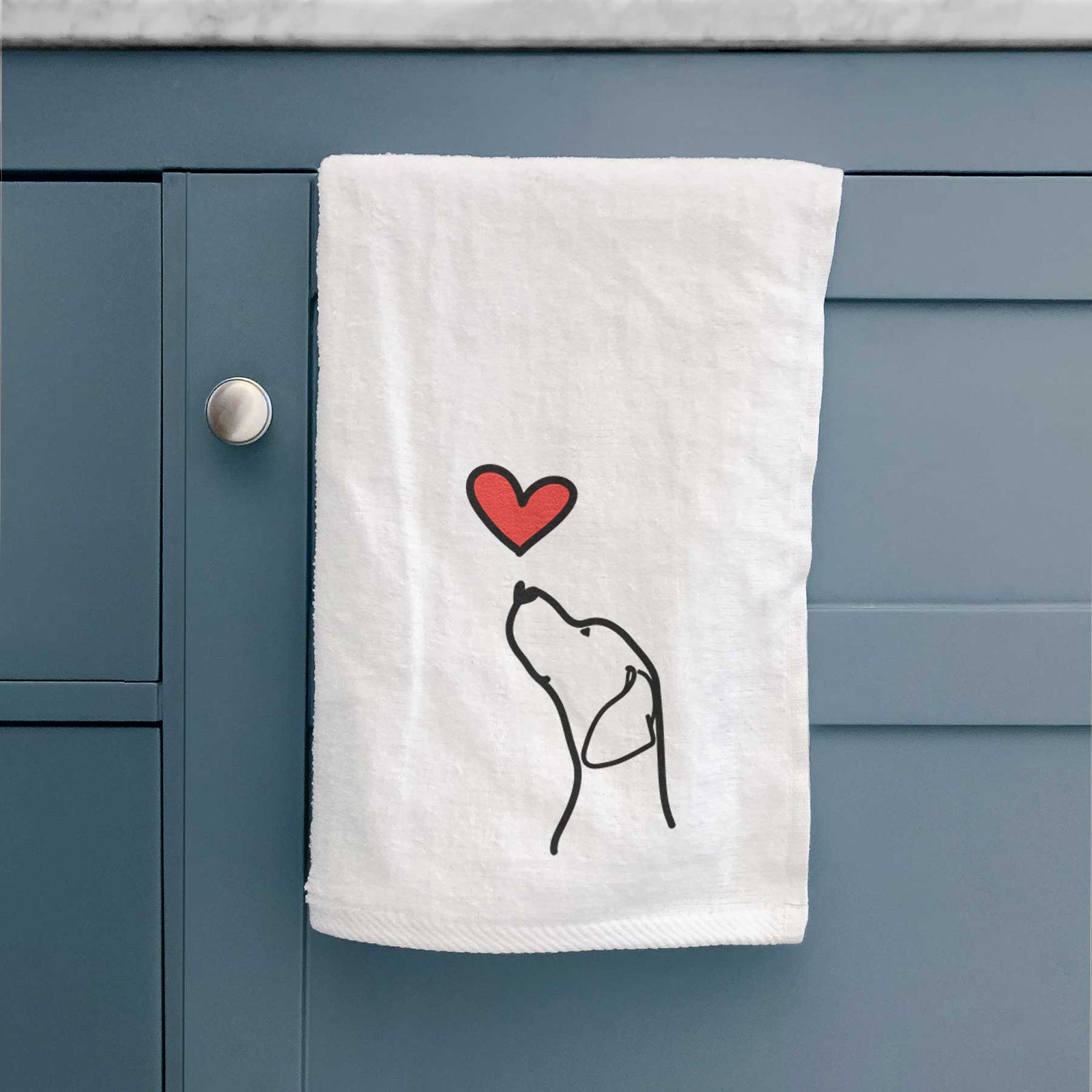 Minimalist line drawing of an English Pointer Profile with a red heart on a decorative hand towel