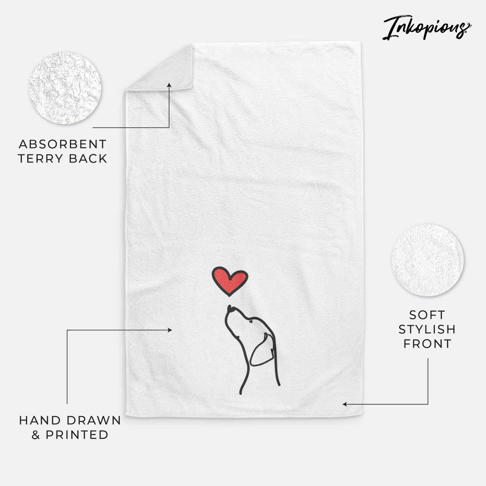 Minimalist line drawing of an English Pointer Profile with a red heart on a decorative hand towel