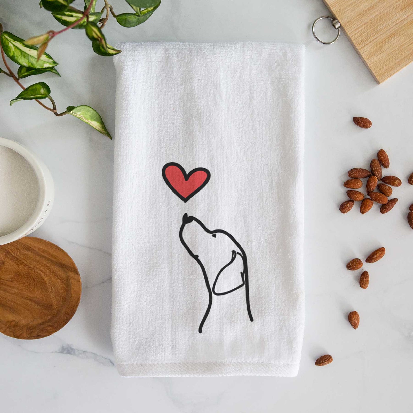 Minimalist line drawing of an English Pointer Profile with a red heart on a decorative hand towel