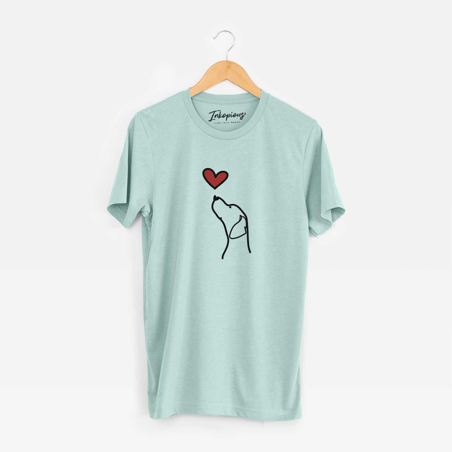 Minimalist line drawing of an English Pointer Profile with a red heart on a Heather Sage Unisex crewneck