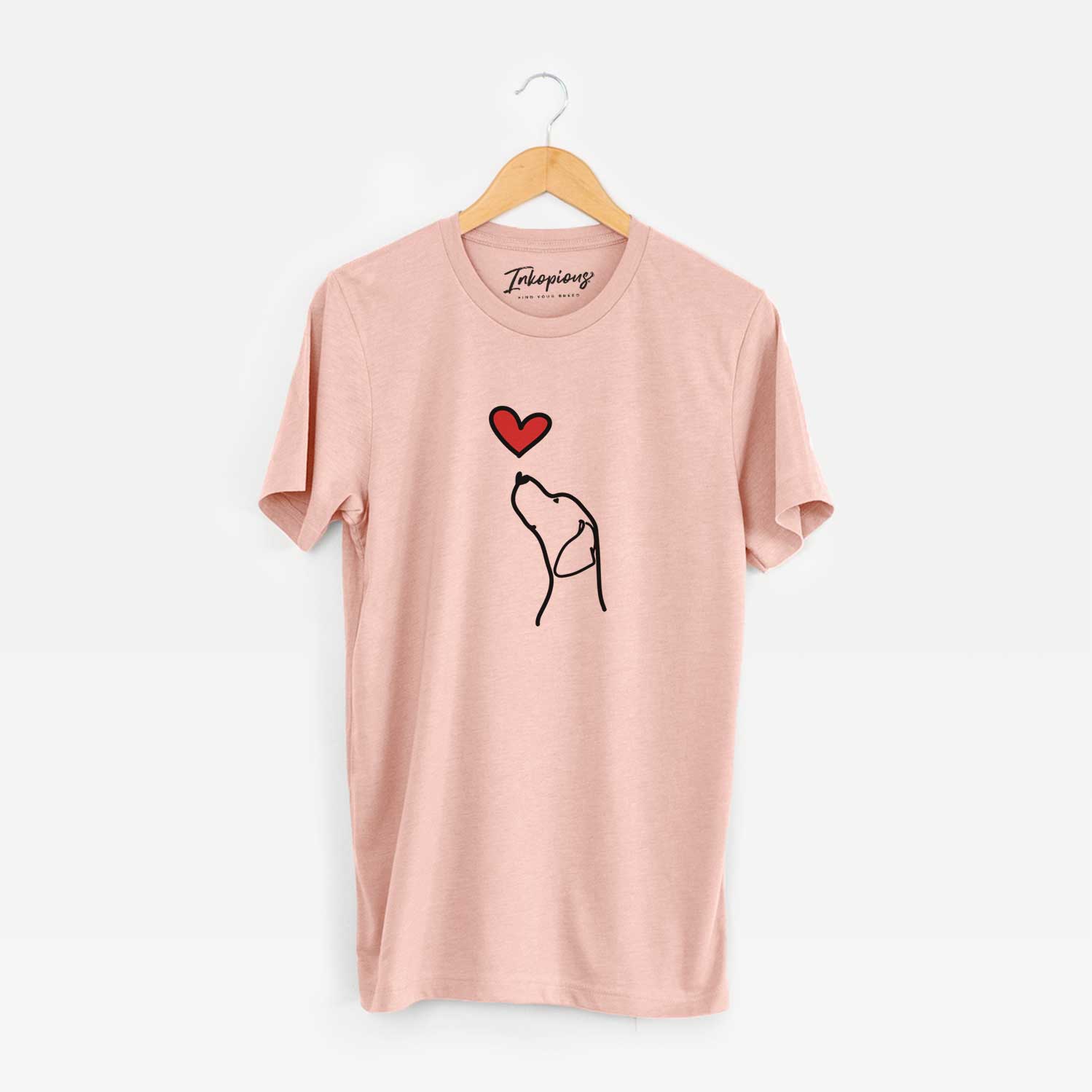 Minimalist line drawing of an English Pointer Profile with a red heart on a Peach Unisex crewneck