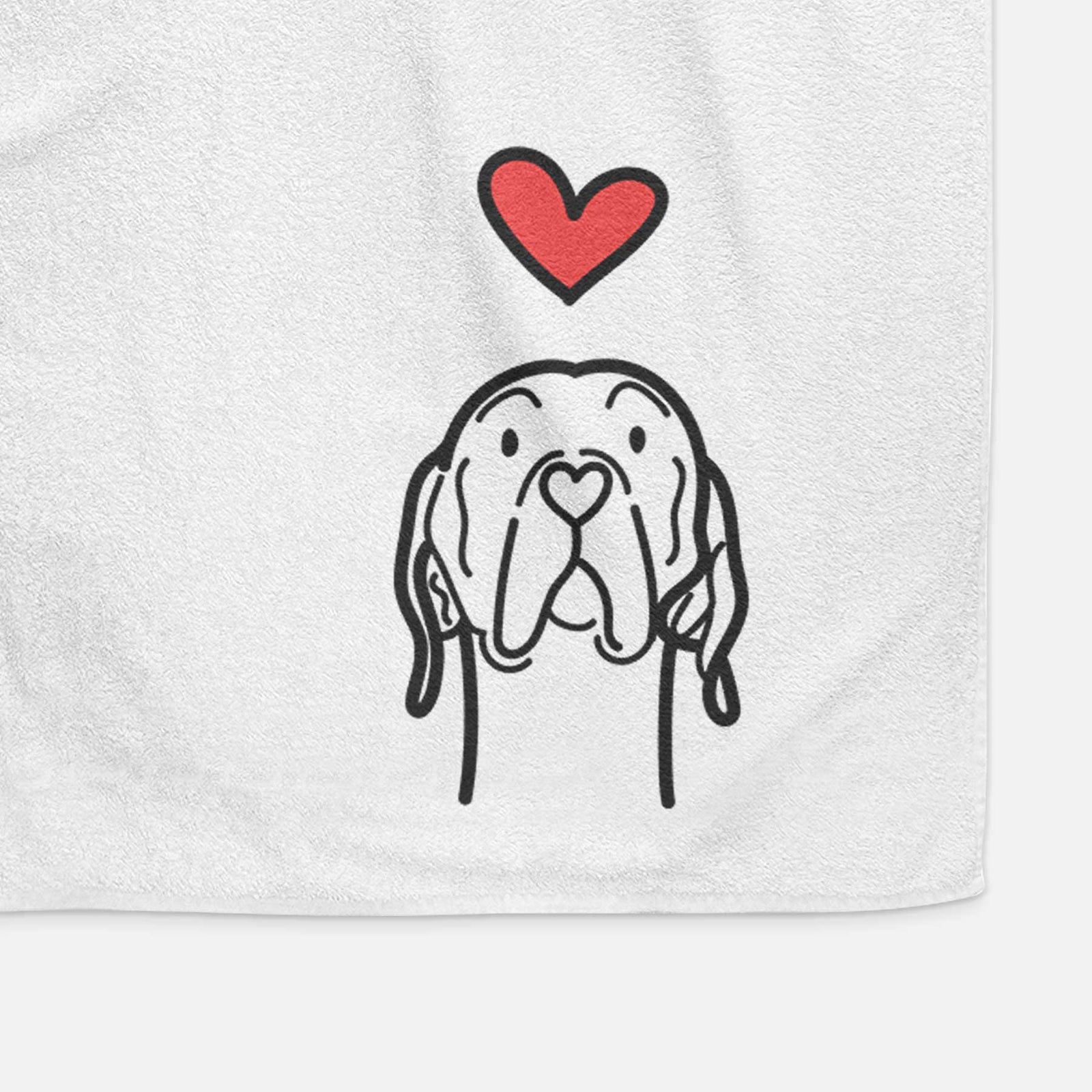 Minimalist line drawing of an English Pointer with a red heart on a decorative hand towel