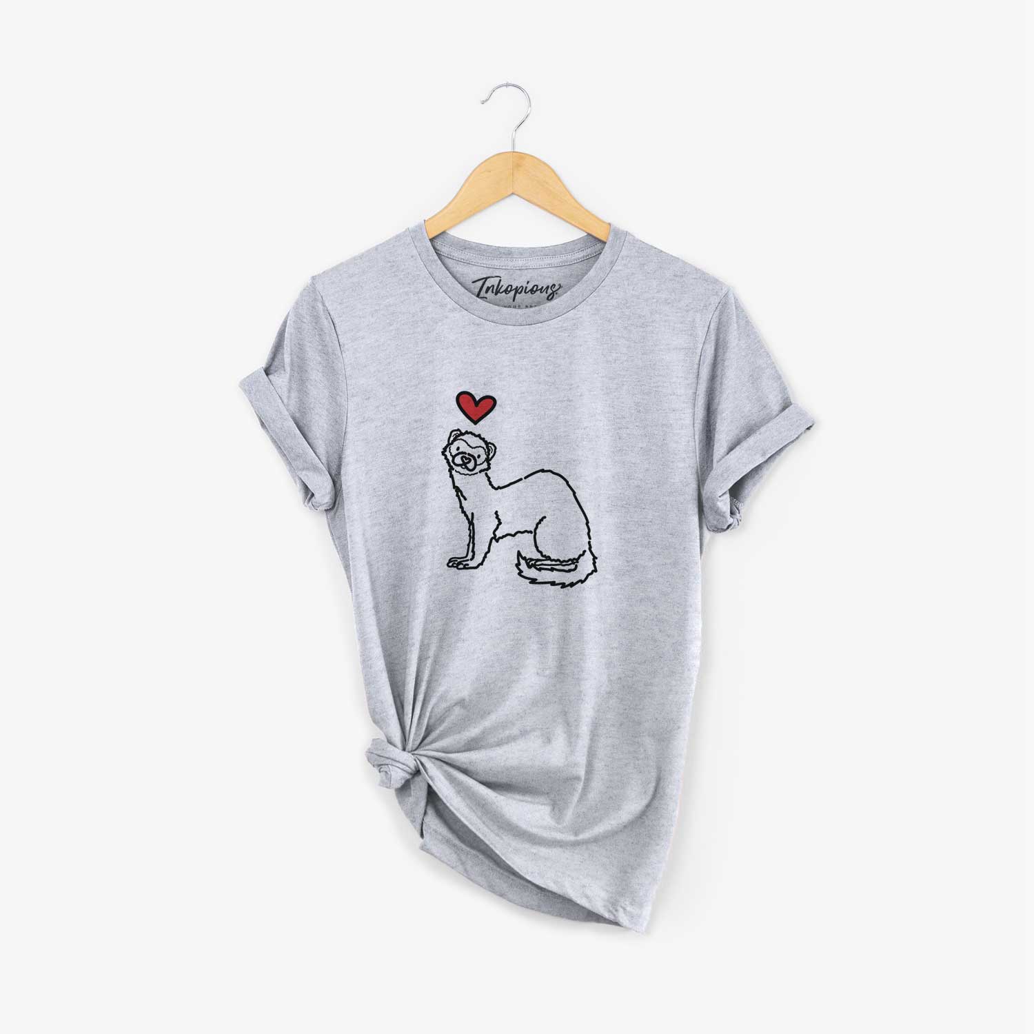Minimalist line drawing of Fern the Ferret with a red heart on a Grey Unisex crewneck