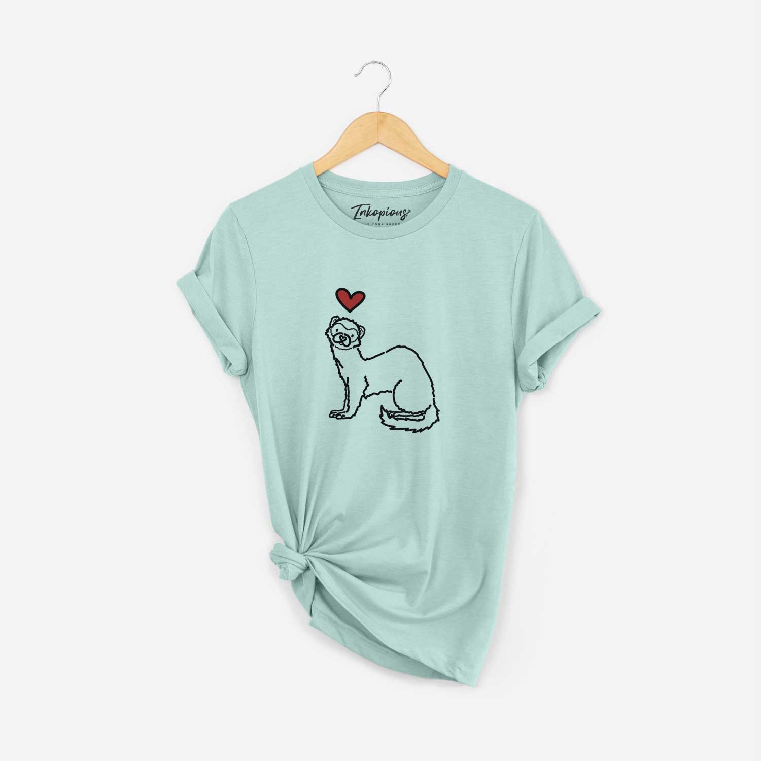 Minimalist line drawing of Fern the Ferret with a red heart on a Heather Sage Unisex crewneck