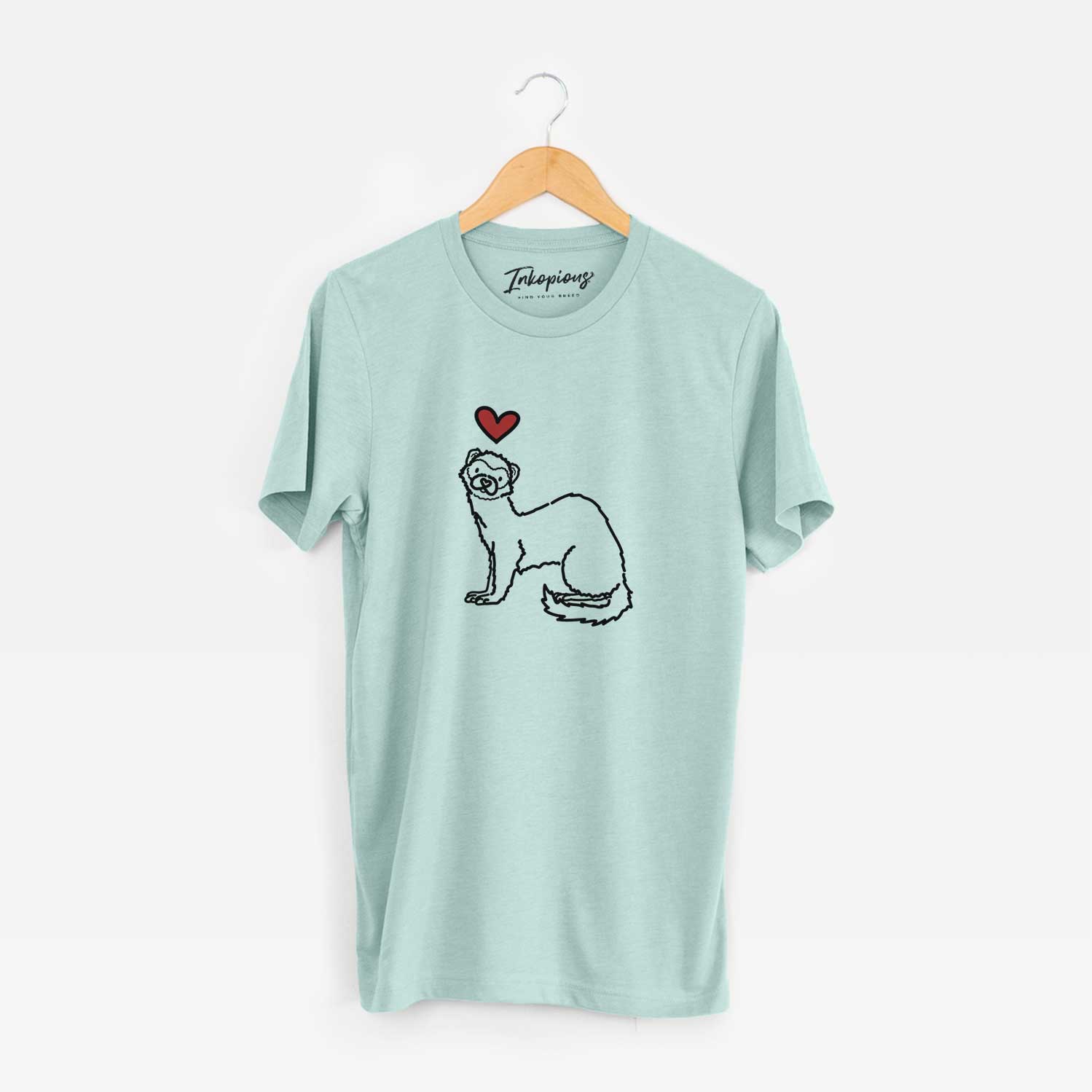 Minimalist line drawing of Fern the Ferret with a red heart on a Heather Sage Unisex crewneck