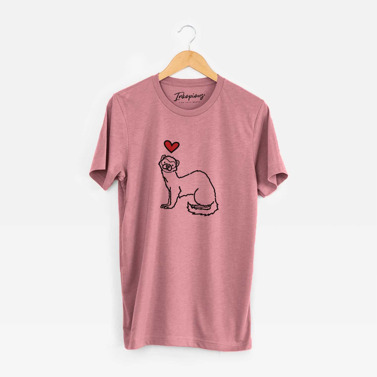Minimalist line drawing of Fern the Ferret with a red heart on a Mauve Unisex crewneck