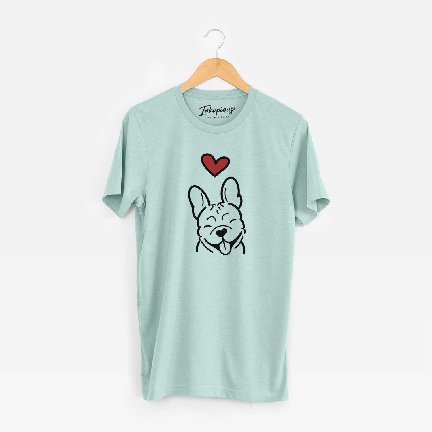 Minimalist line drawing of a French Bulldog with a red heart on a Heather Sage Unisex crewneck