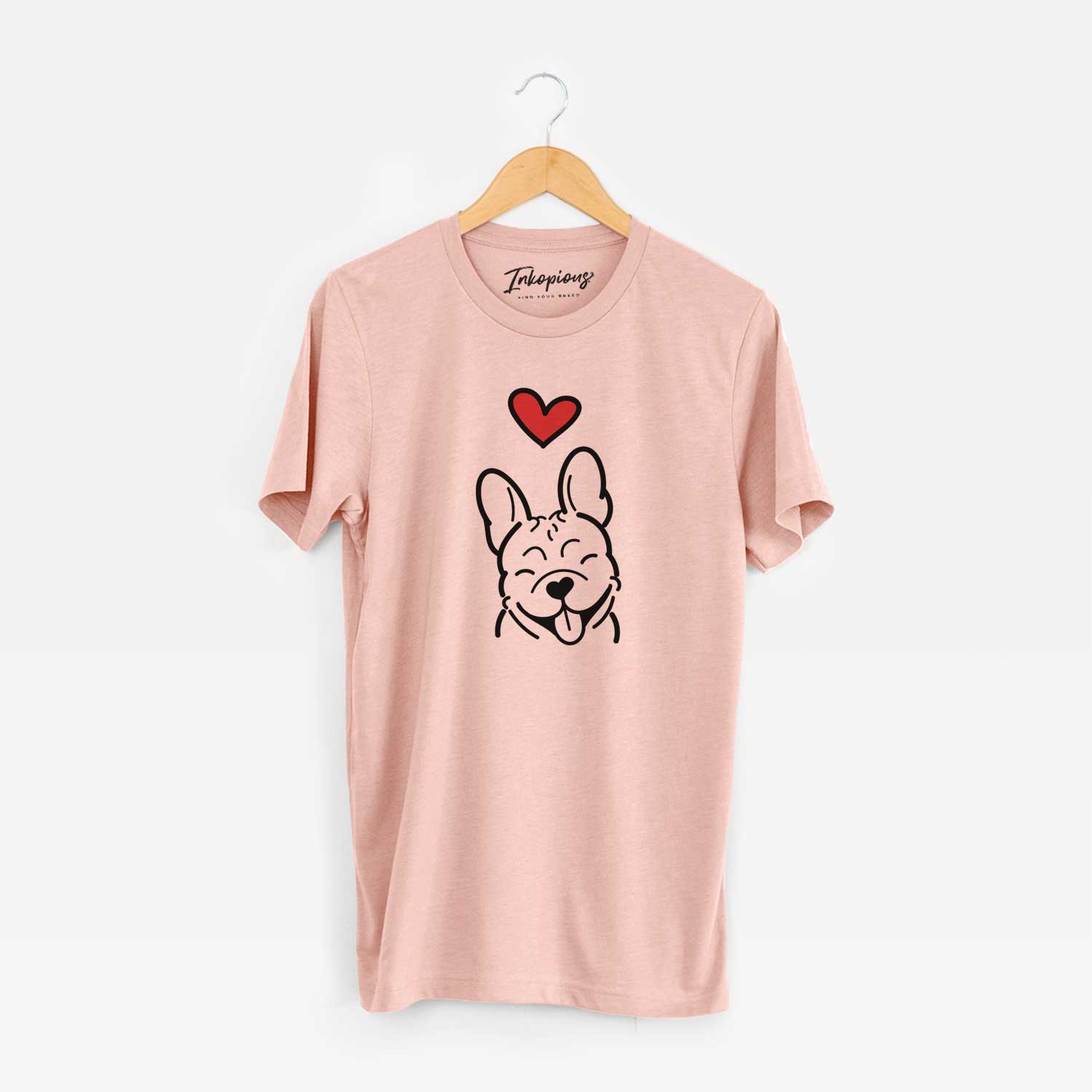 Minimalist line drawing of a French Bulldog with a red heart on a Peach Unisex crewneck