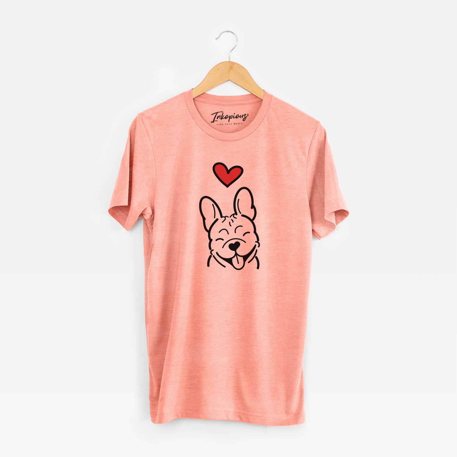 Minimalist line drawing of a French Bulldog with a red heart on a Sunset Unisex crewneck