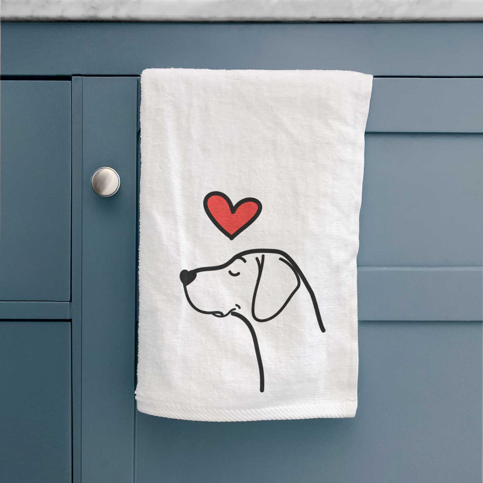 Minimalist line drawing of a German Shorthaired Pointer with a red heart on a decorative hand towel
